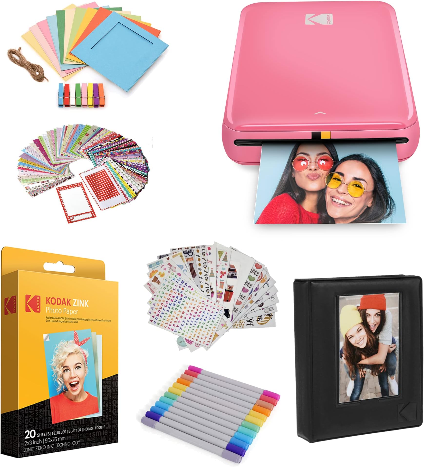 Step Instant Color Photo Printer with Bluetooth/NFC, ZINK Technology & Kodak App for iOS & Android (Pink) Starter Bundle, 2x3
