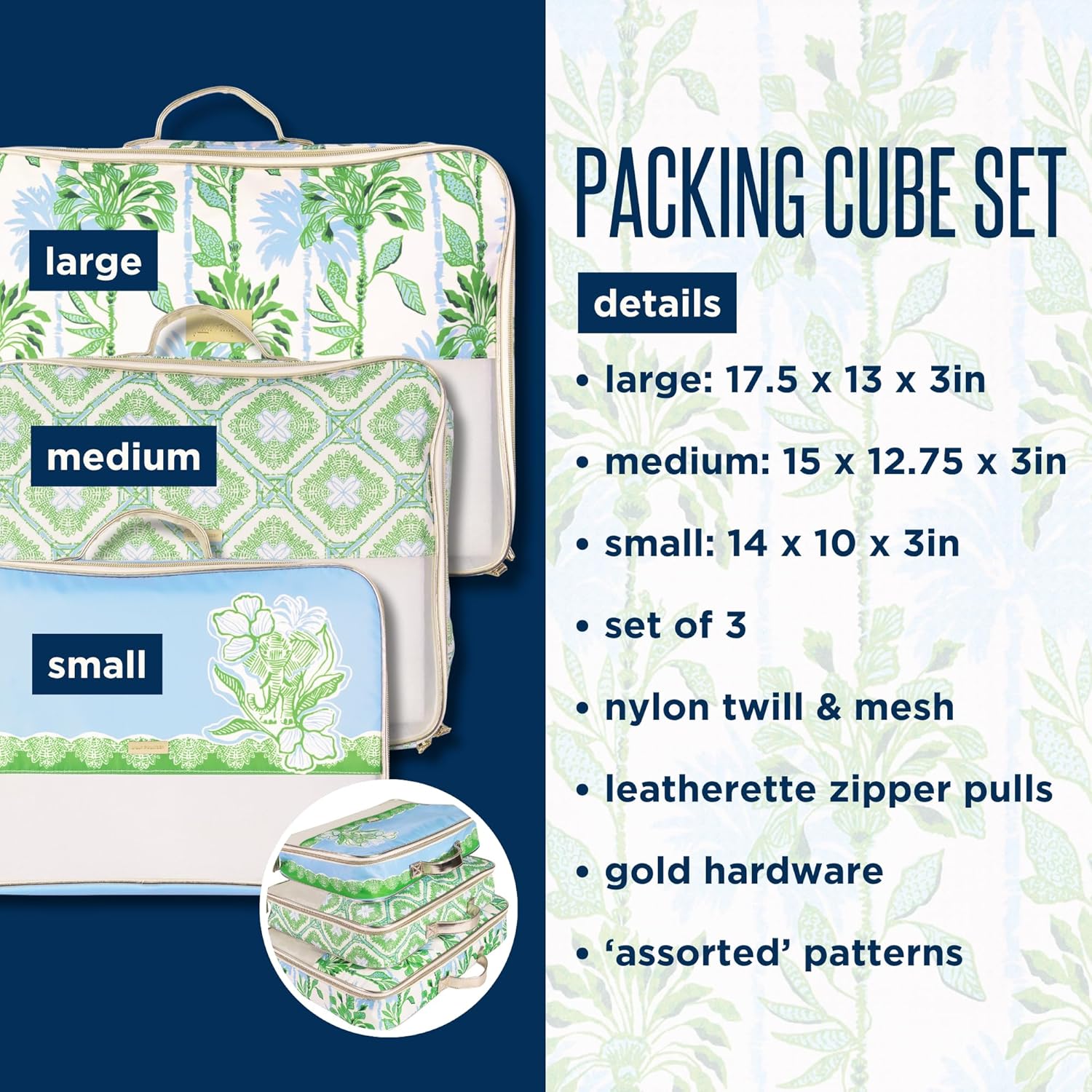 Lilly Pulitzer Packing Cubes Set of 3, Small, Medium & Large Suitcase Organizers, Travel Must Haves for Luggage (Swayin in the Breeze)