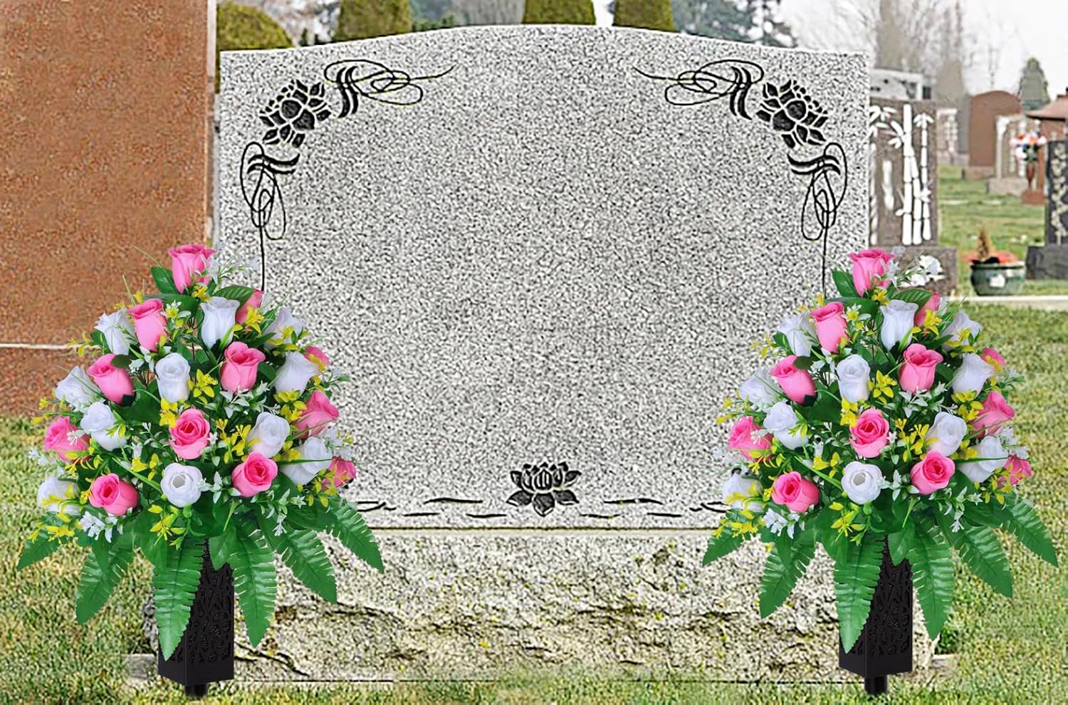 LVXINLI Artificial Cemetery Flowers, Gravesite Decoration Roses, Memorial Bouquets with Cemetery Vase, Vibrant and Long-Lasting Colors (Pink+White, 2 Bundles)