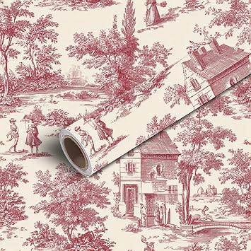 Peel and Stick Wallpaper Toile Wallpaper Wall Decor Contact Paper Removable 23.6"*196.8" Wall Paper Vintage Toile de Jouy French Rural Scenes Architecture Red Cream for Classroom Bedroom Kitchen