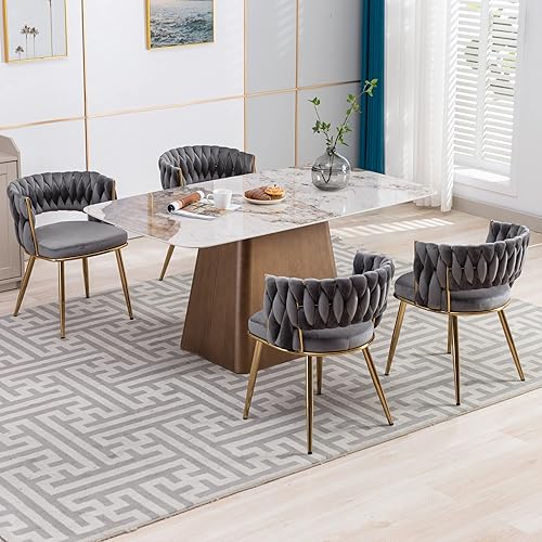 Miniatura 4 de KCC Juego de 4 sillas de comedor de terciopelo, sillas de comedor modernas doradas con patas de metal, sillas de comedor tapizadas tejidas para