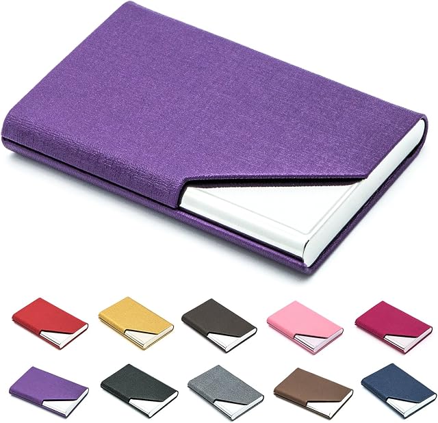 padike Business Name Card Holder Luxury PU Leather & Stainless Steel Multi Card Case,Business Name Card HolderFor Men & Women (Purple)