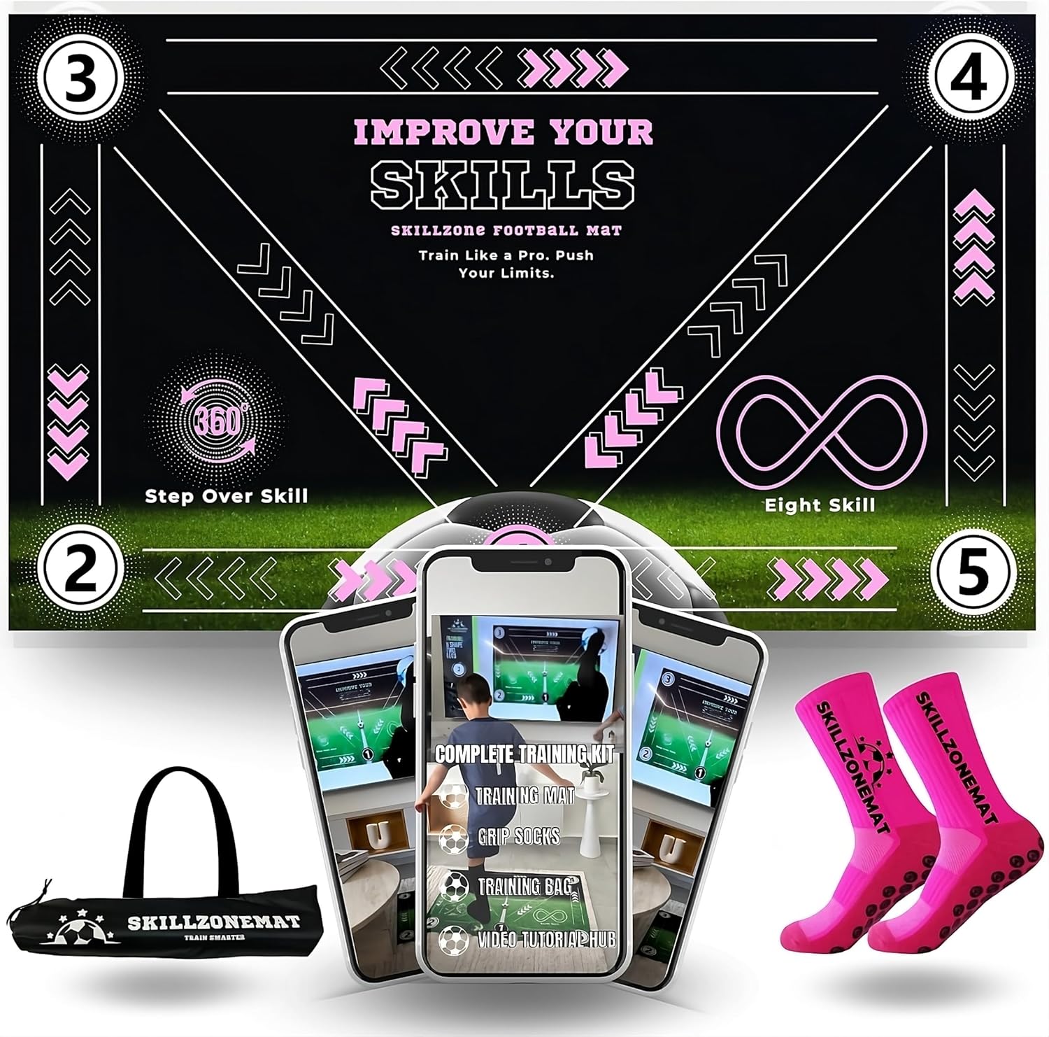 SkillZone Soccer Training Mat - Complete Set with Video Hub | Includes Grip Socks & Carry Bag | Non-Slip, Ultra-Thick & Wide for Agility, Ball Control & Mastery | Indoor & Outdoor Soccer Trainer for All Ages Flash Pink