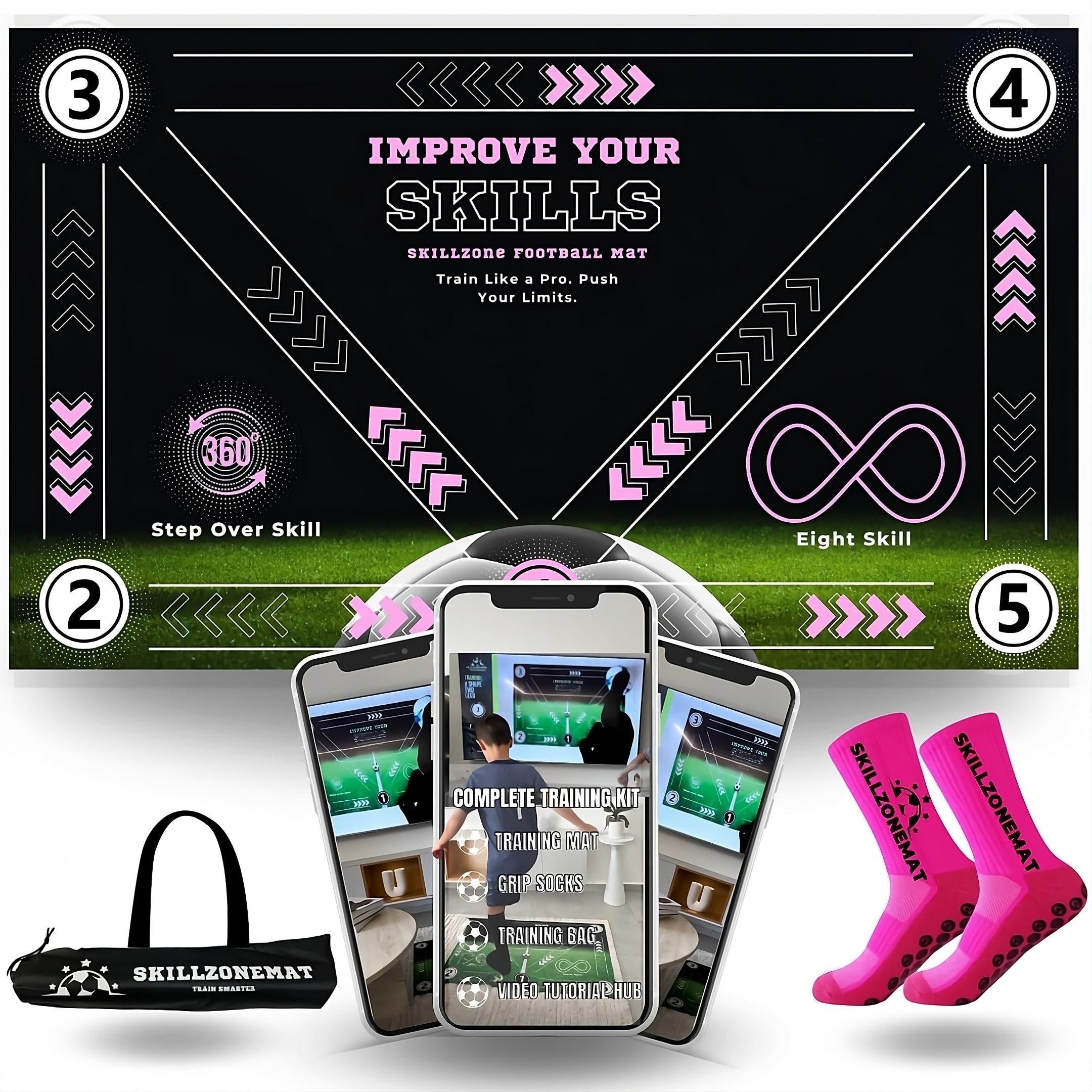 SkillZone Soccer Training Mat - Complete Set with Video Hub | Includes Grip Socks & Carry Bag | Non-Slip, Ultra-Thick & Wide for Agility, Ball Control & Mastery | Indoor & Outdoor Soccer Trainer for All Ages
