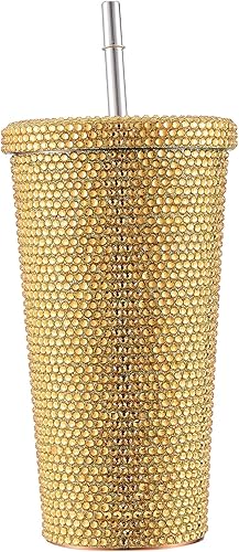 WINARA Vaso térmico de acero inoxidable con pajilla y tapa con diamantes de imitación para mujer con aislamiento térmico con diamantes de imitación