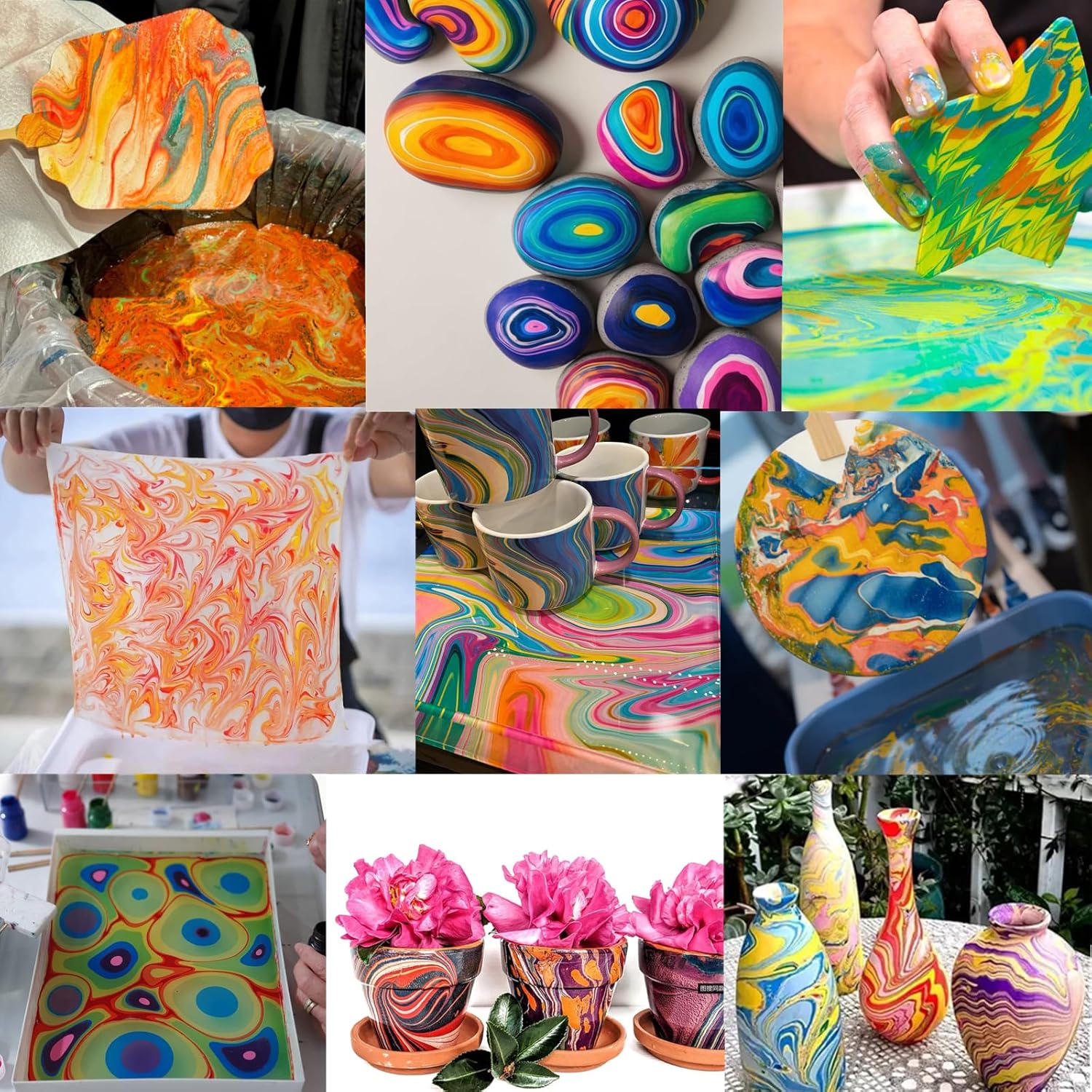 29PCS Water Marbling Painting Kit with Gloss Air Dry Clay Glaze, Water Paint Marbling Ink & Acrylic Pouring Floating Paint Art Kit, Prevent with Gloss Clay Sealant from Cracking, Scratch