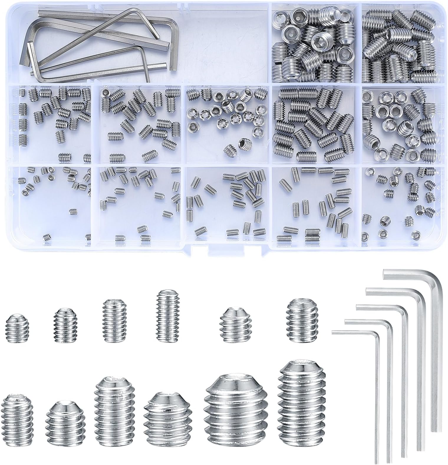 240 Pcs Set Screws Assortment Kit (M3, M4, M5, M6, M8) with Allen Keys–Durable Metric Cup Point 304 Stainless Steel for Bathroom Fixtures, Light Fixture Screws,Door Knobs, Faucets, Plumbing, and More