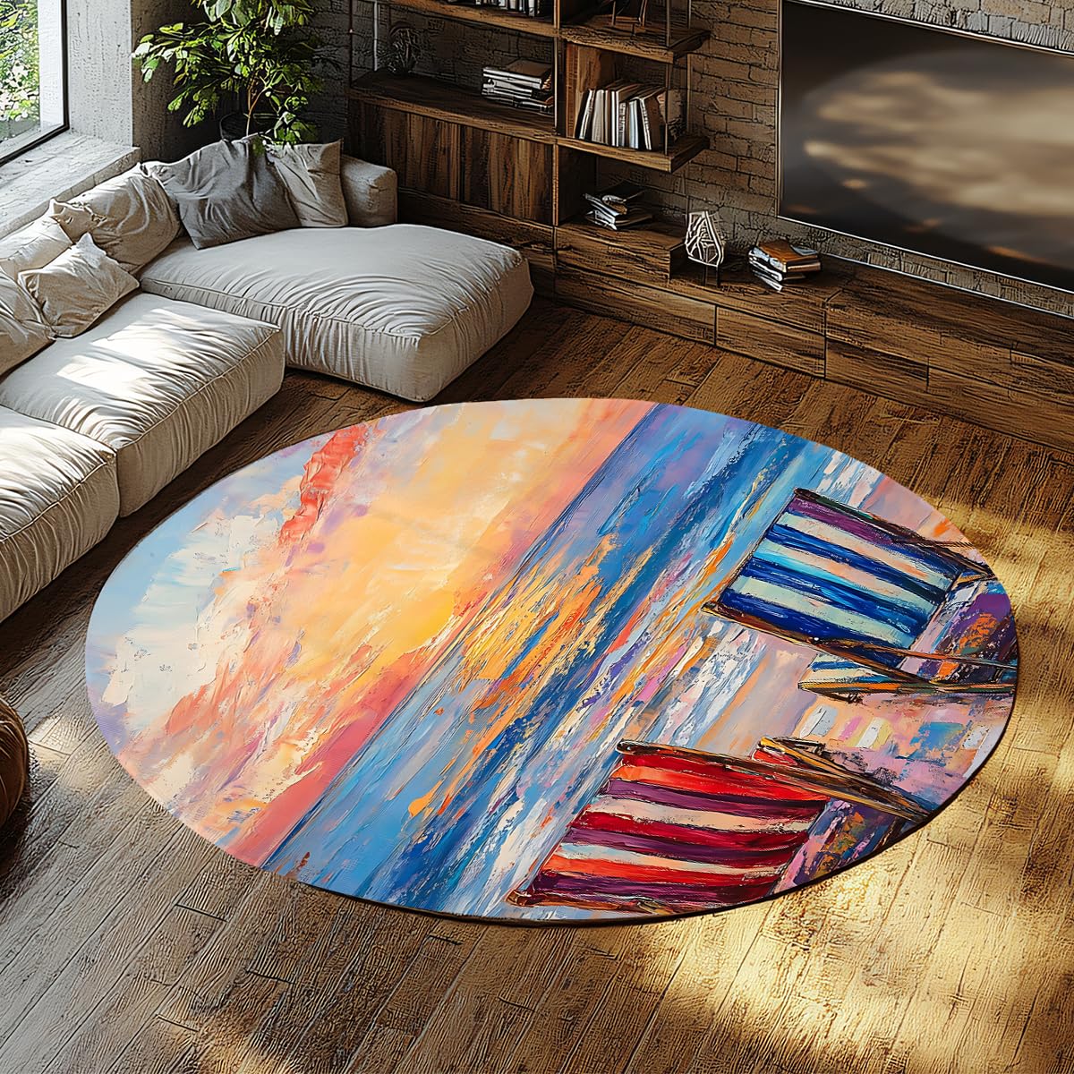 Tapis chambre et salle de bain rond lavable bleu orange 240cm
