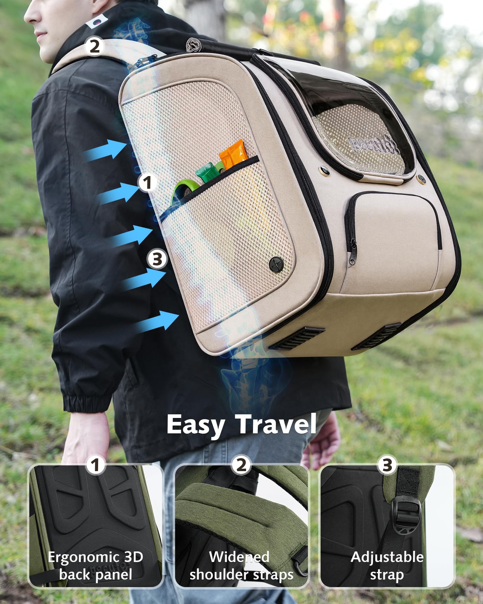pecute Katzenrucksack Bubble Haustier Rucksack mit Netzfenster, Tragbare und Faltbare Katzentasche, Atmungsaktive und Leichte Hundetasche für Hunde Katzen Haustiere, Khaki (48 * 38 * 28cm)