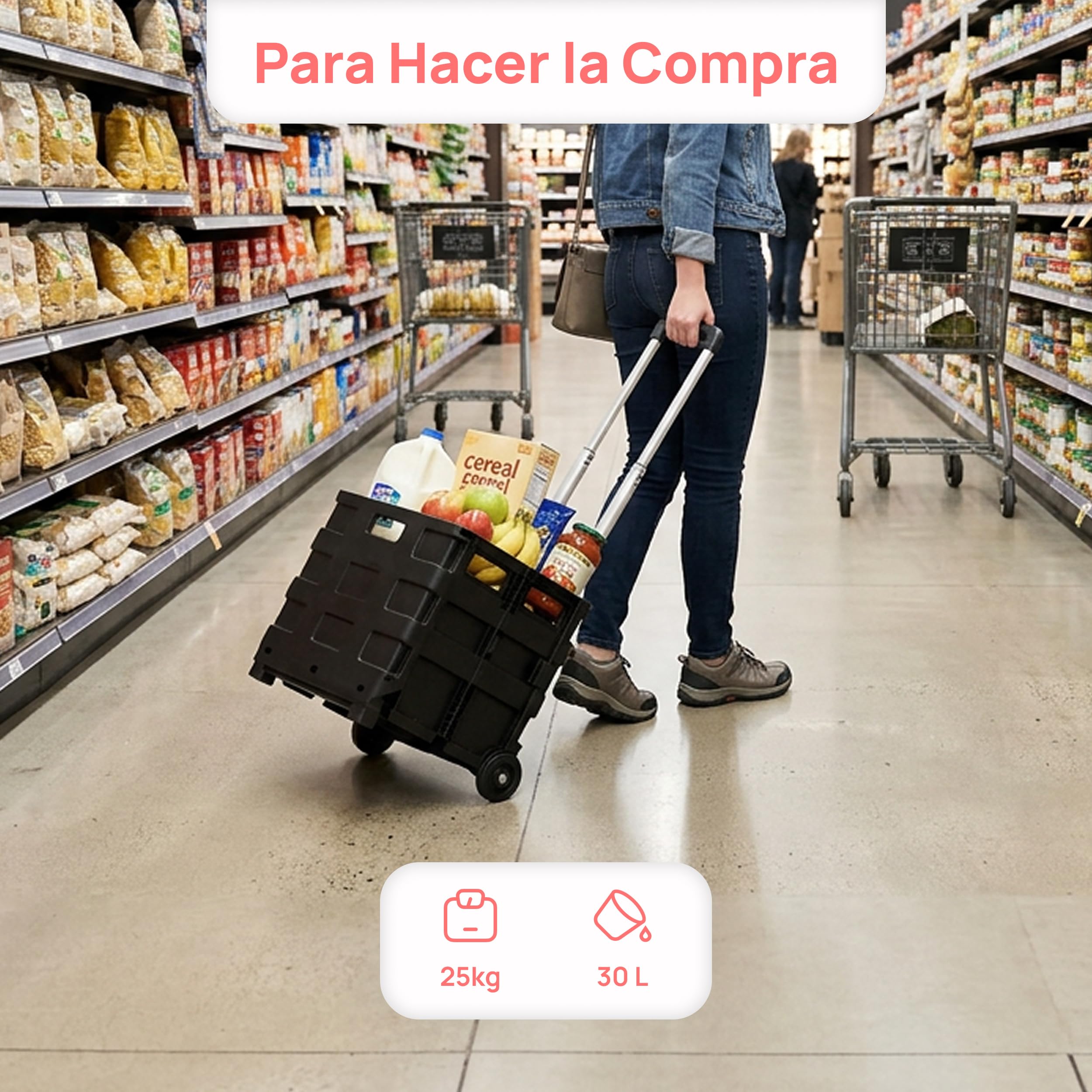KOMBO - Carrito Trolley Plegable Multiuso con Ruedas y Mango Telescópico Extensible 38x83,5x33 cm – Caja Rígida de Plástico Plegable