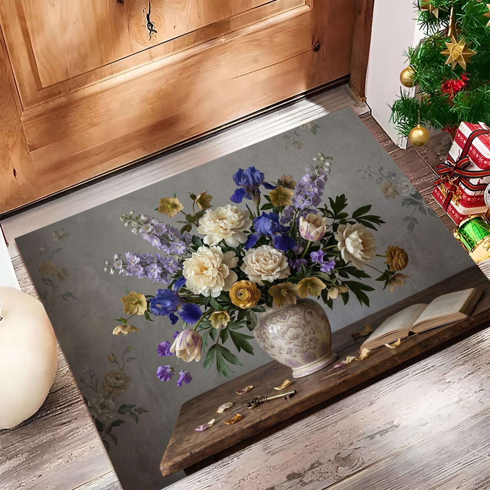 Felpudo Ultrafino Para Interiores,80X120Cm,Pintura Óleo Antigua Sobre Plantas Alfombra Antideslizante Lavable Para Entrada,Jarrón Rústico Antiguo Felpudo De Perfil Bajo,Atrapa Suciedad,Gris Carbón