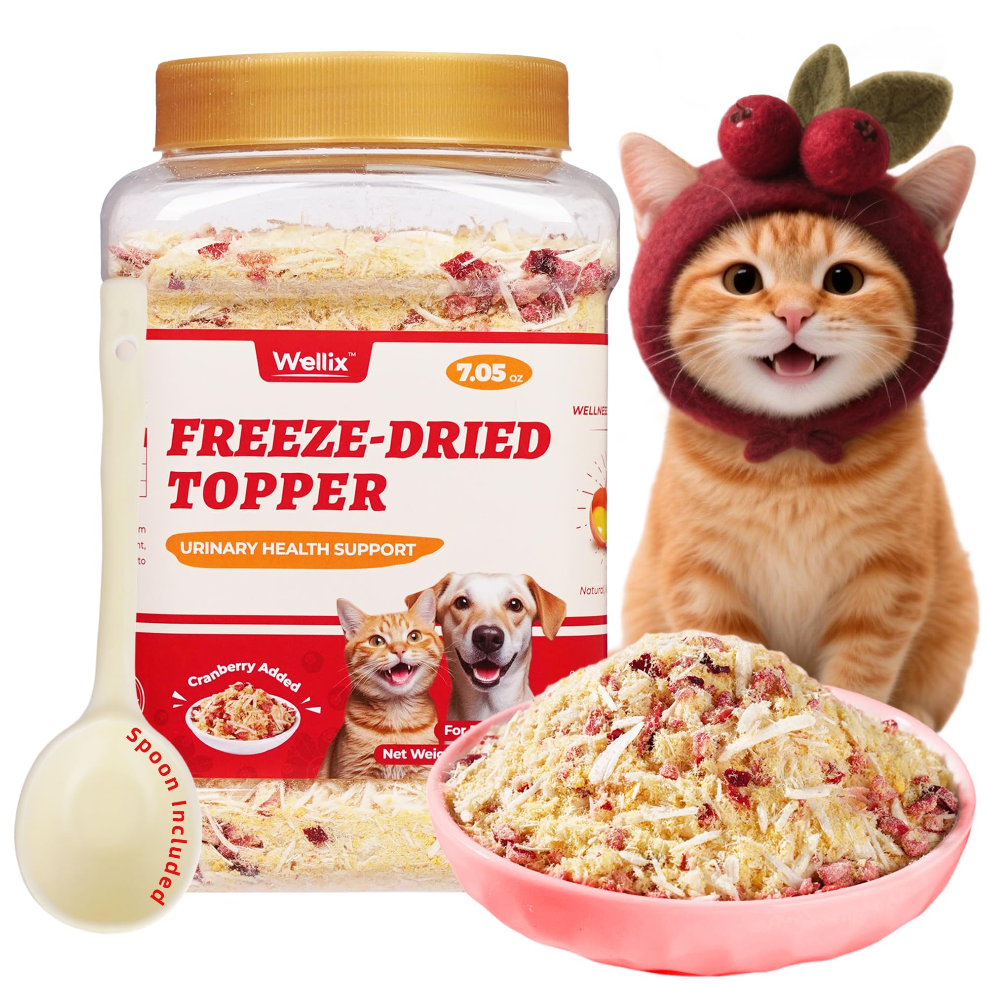 Wellix Dog & Cat Food Topper - Cranberry Treats Freeze Dried Egg Yolk & Chicken Flavor Low Calorie - Support Kidney Bladder & Urinary Health - Healthy
