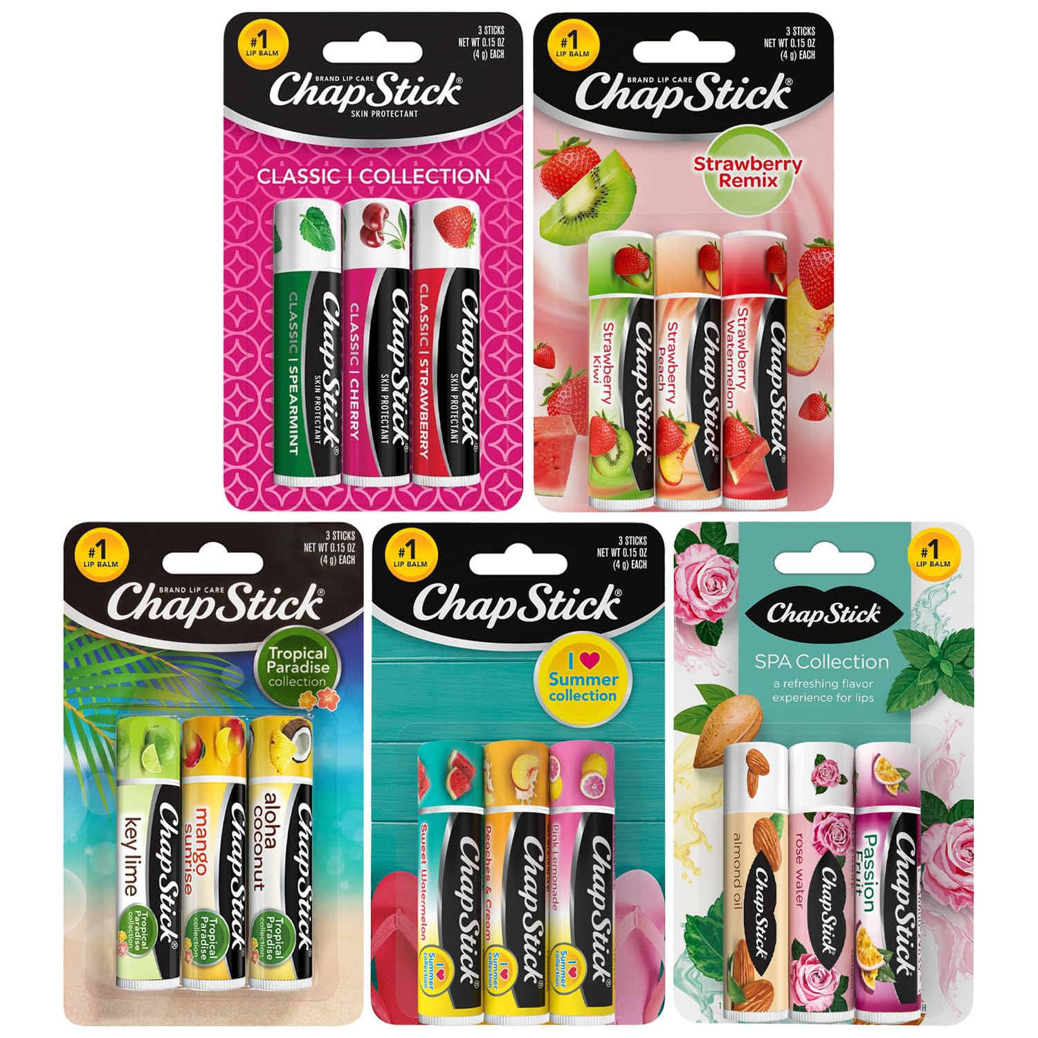 ChapStick Lip Balm, Sweet & Fruity Flavors + SPA & Classic Collections, 15-Pack – Includes Strawberry Remix, I Love Summer & Tropical Paradise & More,