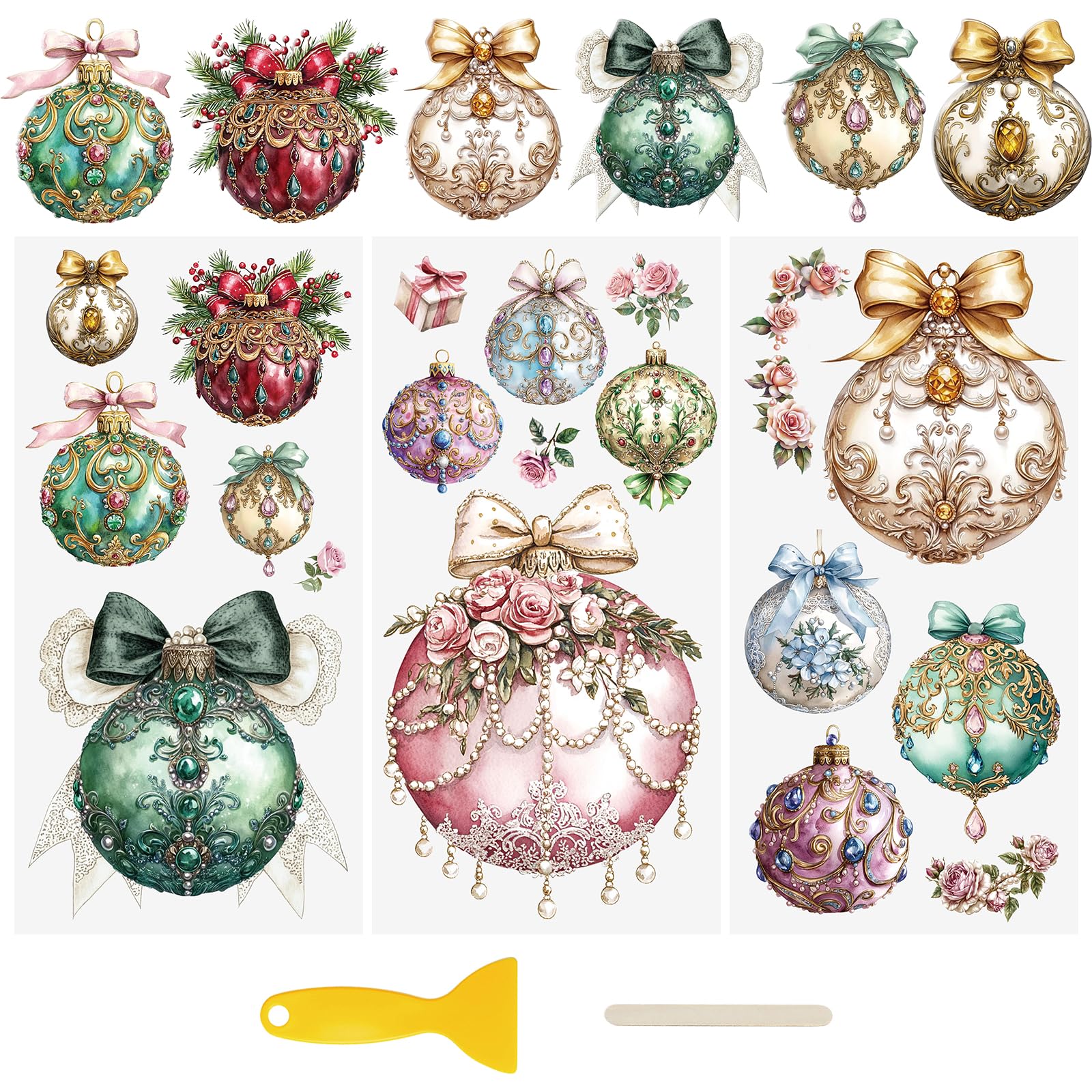 WANDIC 3 Sheets Christmas Rub on Transfer Stickers, Cup Warp 3D UV DTF Christmas Tree Ball Pattern Multiple Colors Design for Glass Crafts, 15 * 30cm