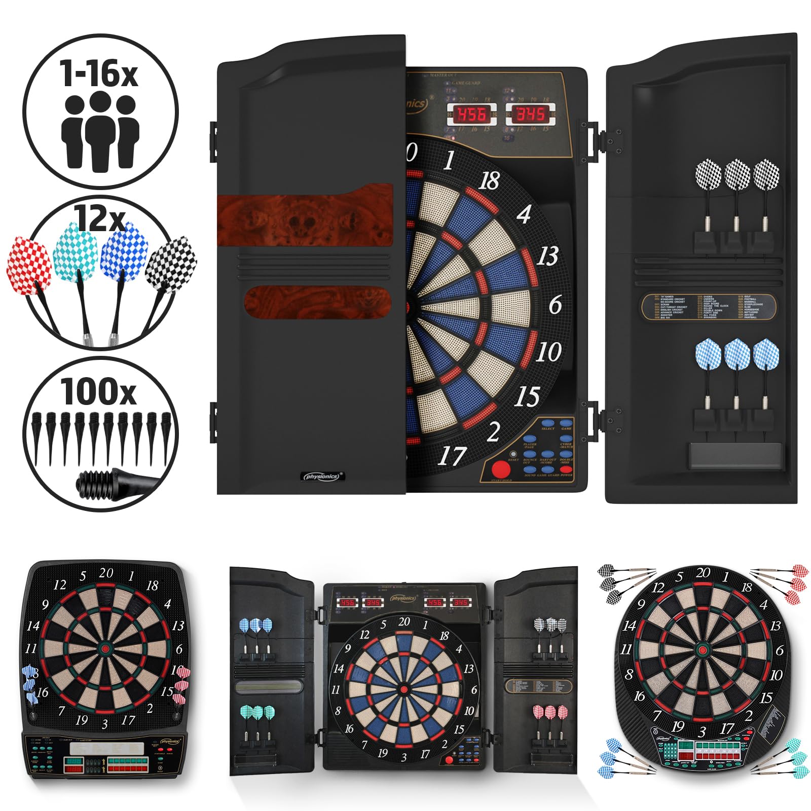 Physionics® Jeu Fléchettes Électronique - avec Écran LED, 12 Darts, 27/28 Jeux et Plus de 100 Variantes, pour Jusqu'à 16 Joueurs, 3 Modèles au Choix - Cible Projectiles