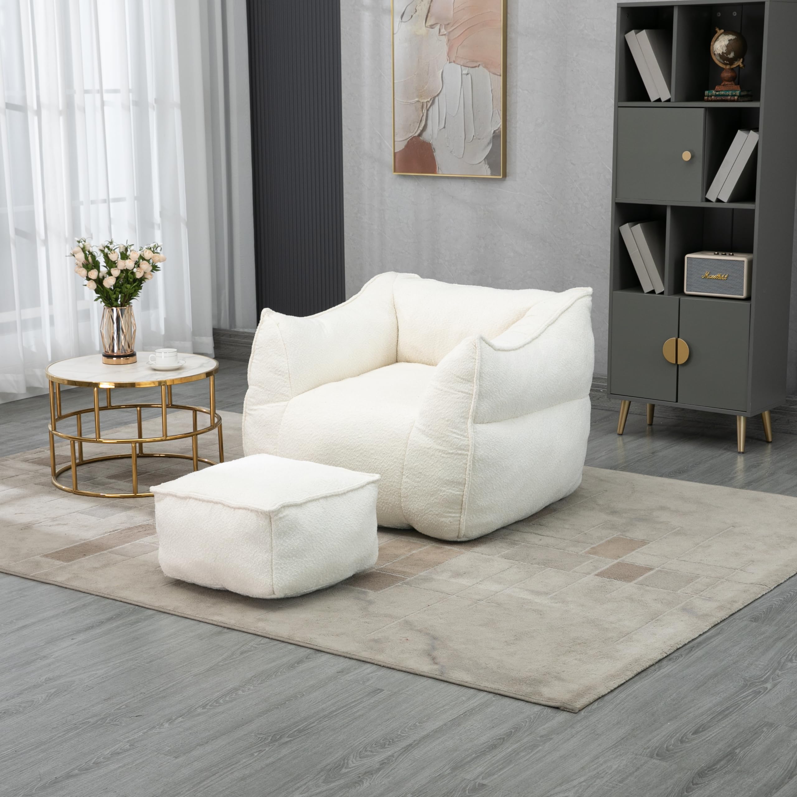 Bean Bag Chair with Ottoman, Comfy Boucle Lazy Lounge Sofa for Adults & Kids, Modern Beanbag Chairs Accent Chair with Memory Sponge Filler Armrests for Living Room, Bedroom, Beige