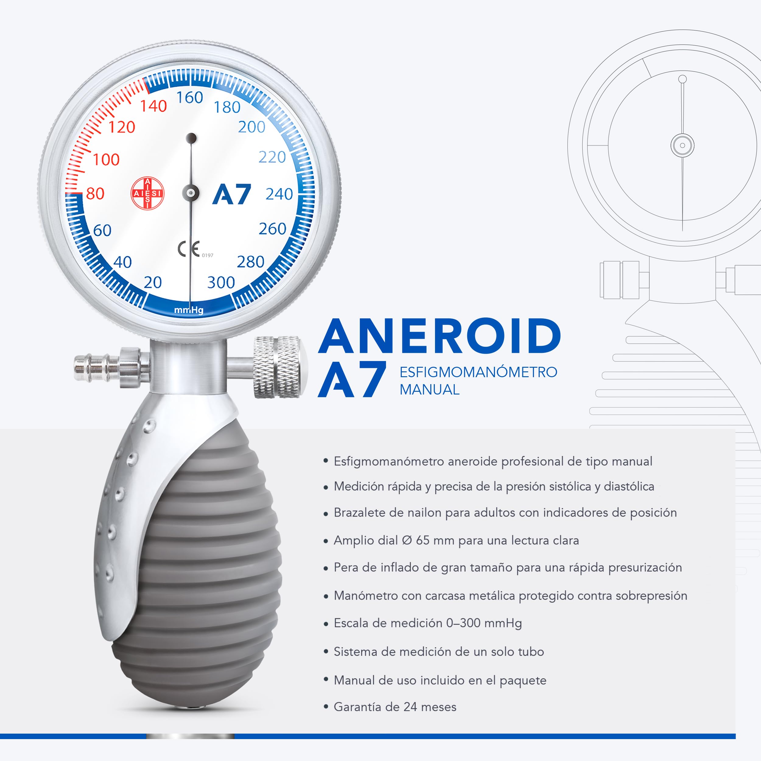 AIESI® Esfigmomanometro Manual Profesional Aneroide Tensiómetro palmar con brazalete de nylon para adultos y estetoscopio ANEROID A7, Agarre adjustable, Garantía 24 meses