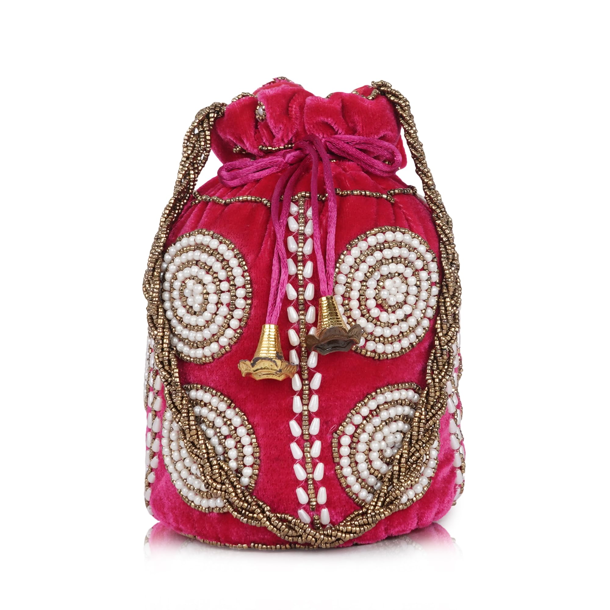 spotic Women’s Velvet Embroidered Potli Bag with Pearl Work & Beaded Handle | Ethnic Drawstring Handbag for Wedding & Festive-picture-10