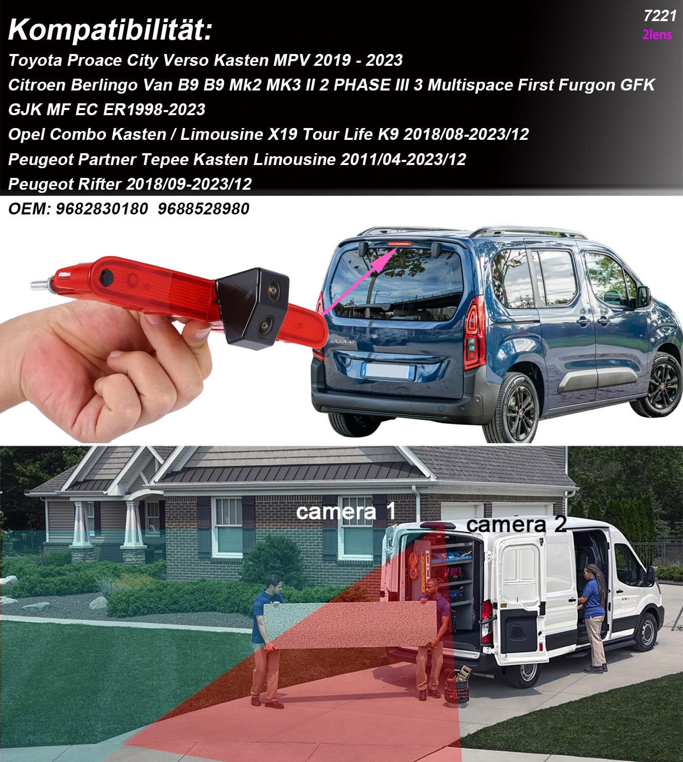 Podwójna kamera cofania z wyświetlaczem LCD o przekątnej 7", dwa obiektywy światła hamowania, kamery cofania do Toyota Proace City Verso/Citroen Berlingo/Opel Combo/Peugeot Partner