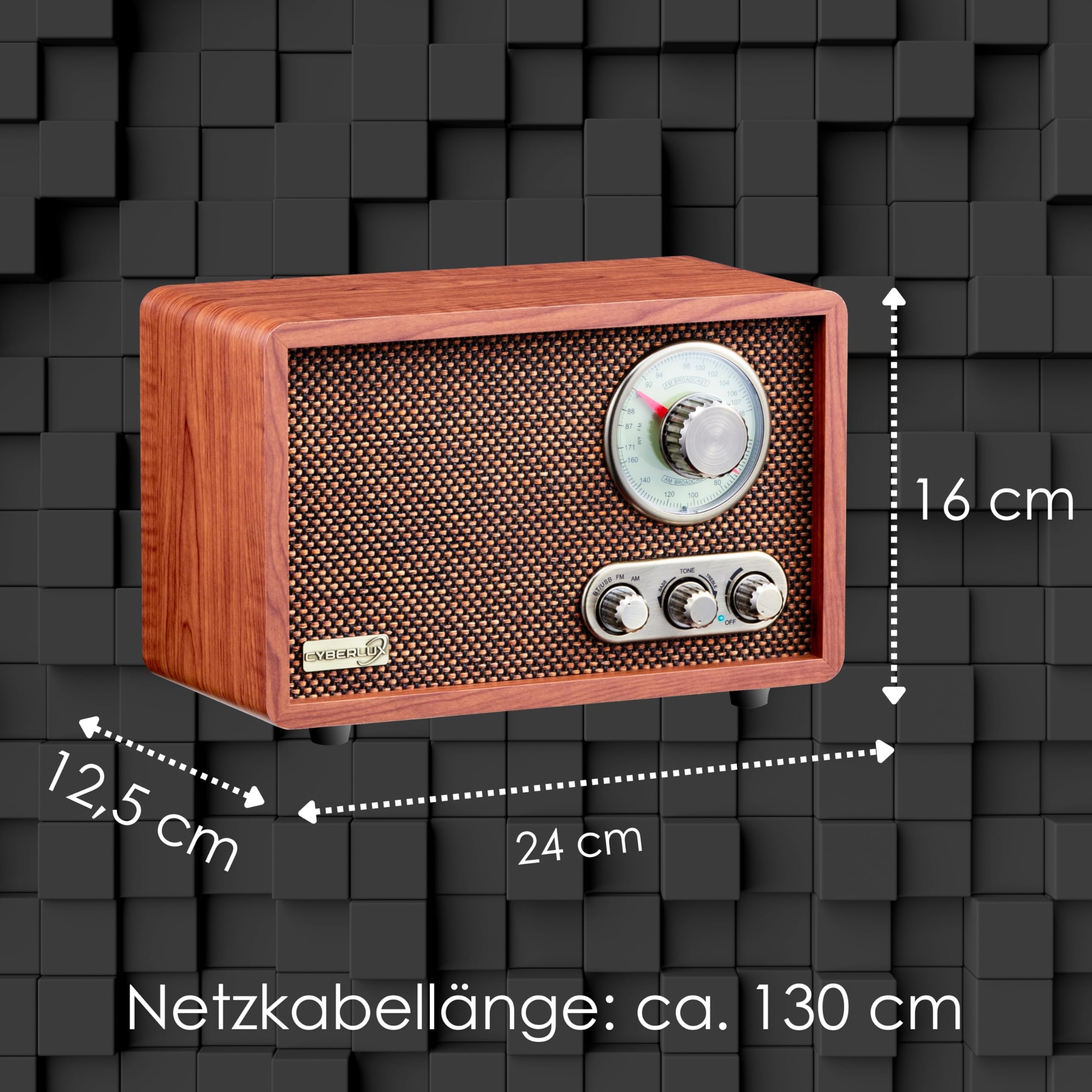Cyberlux - Radio rétro en bois avec Bluetooth, USB, FM/AM - Chaîne musicale style rétro - Radio de cuisine - Marron
