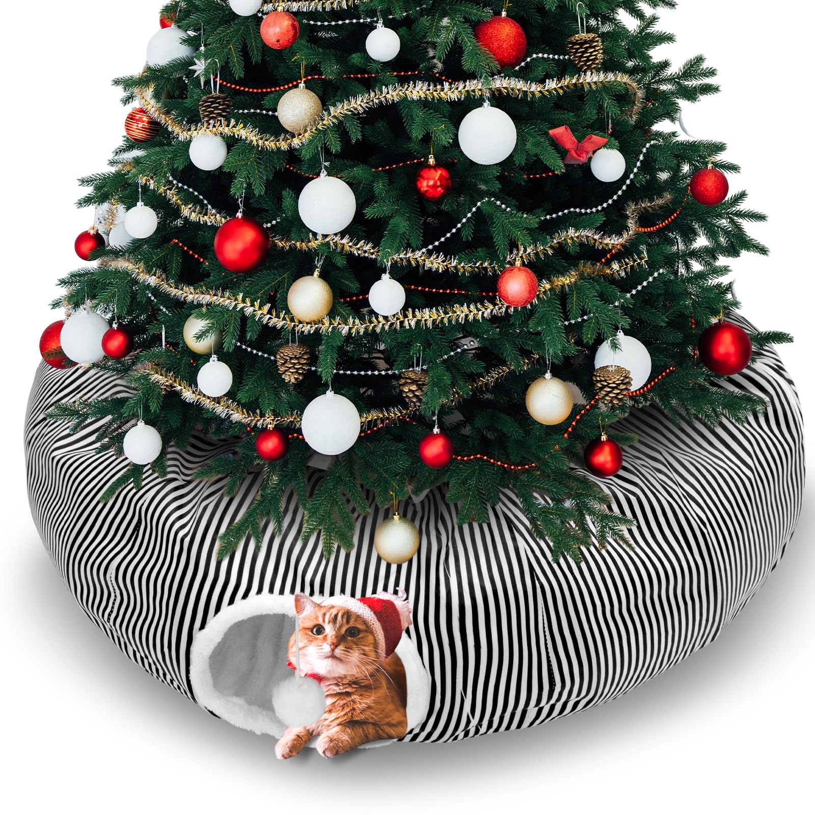 Soulchen Christmas Cat Tunnel Bed 3FT x 3FT x 9.8IN Cat Cave Donut Under Christmas Tree Collapsible Tunnel Tube for Indoor Cats Hide Place for Rabbit, Ferret, Puppy (Striped Black)