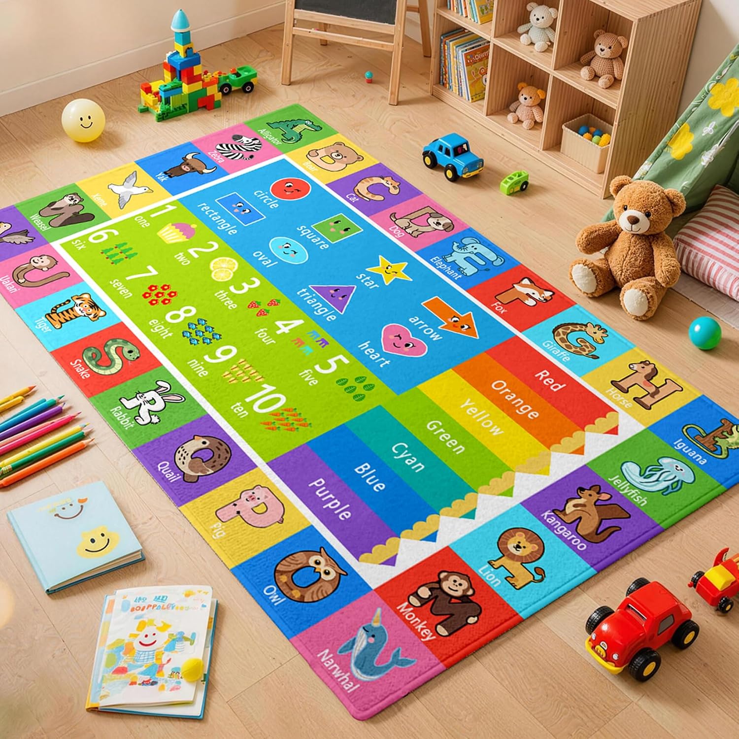 ABC Kids Rugs 3x4 Ft | Playroom Rug with Numbers Shapes Colors & Animals, Washable Non-slip Playmat Rug for Classroom Preschool Nursery Playroom