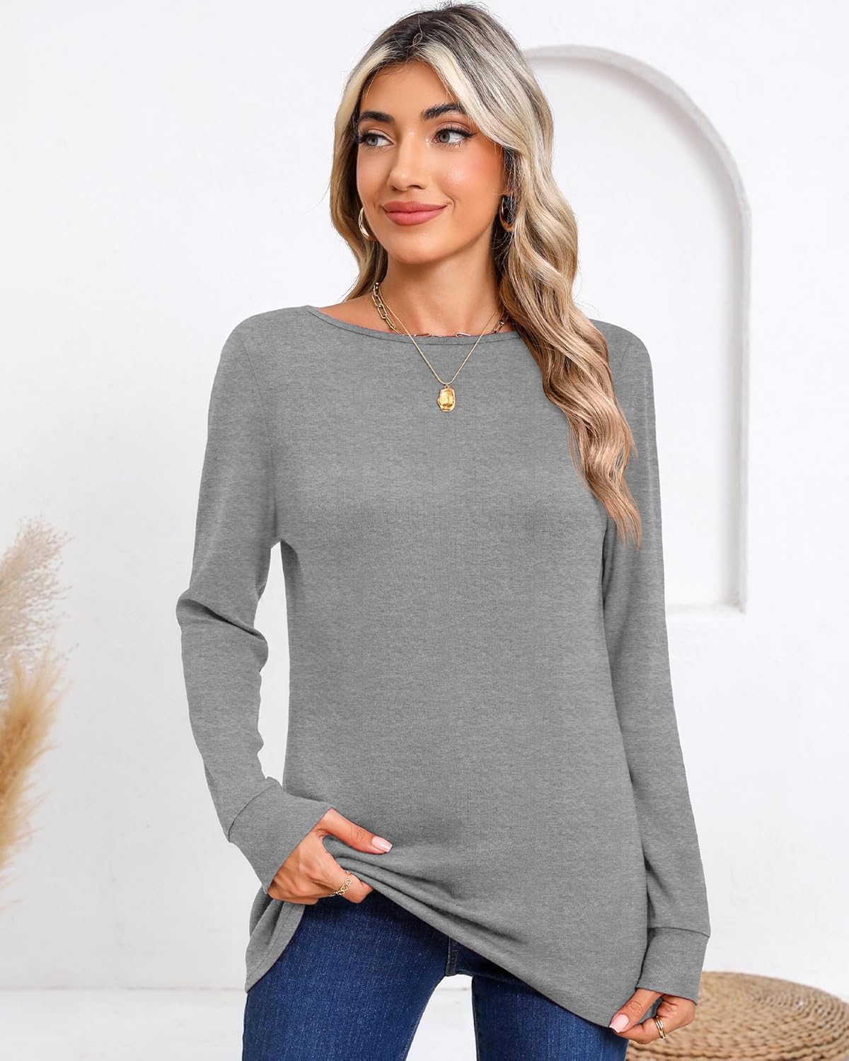 Huukeay 3 Pack Women's Long Sleeve Shirts 95% Cotton Boat Neck Sweatshirt Basic Tunic Top Loose Fit Outfit Wear with Leggings - Image 3