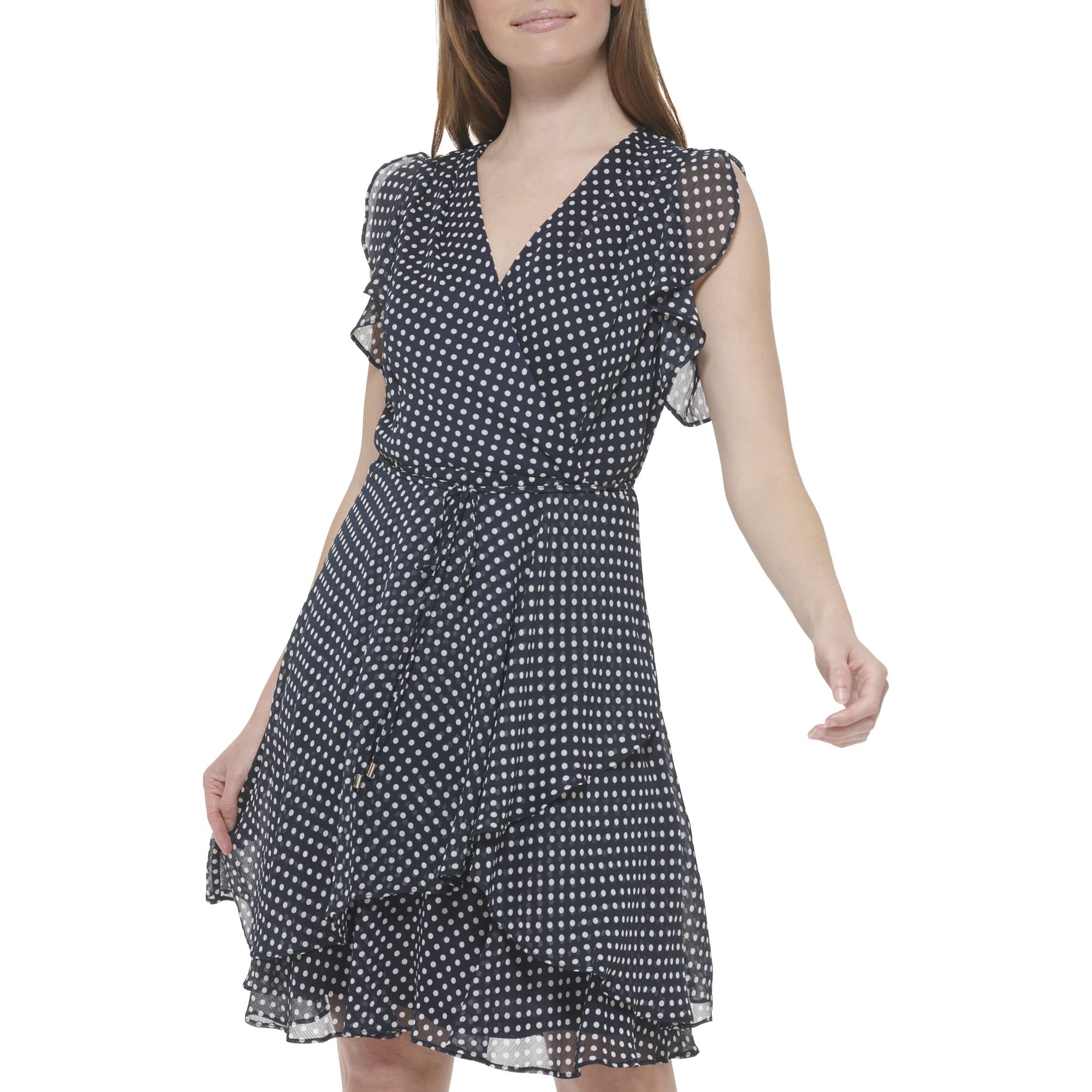 Tommy Hilfiger Sleeveless Knee-Length Faux Wrap Chiffon Dress Vestito Casual Donna