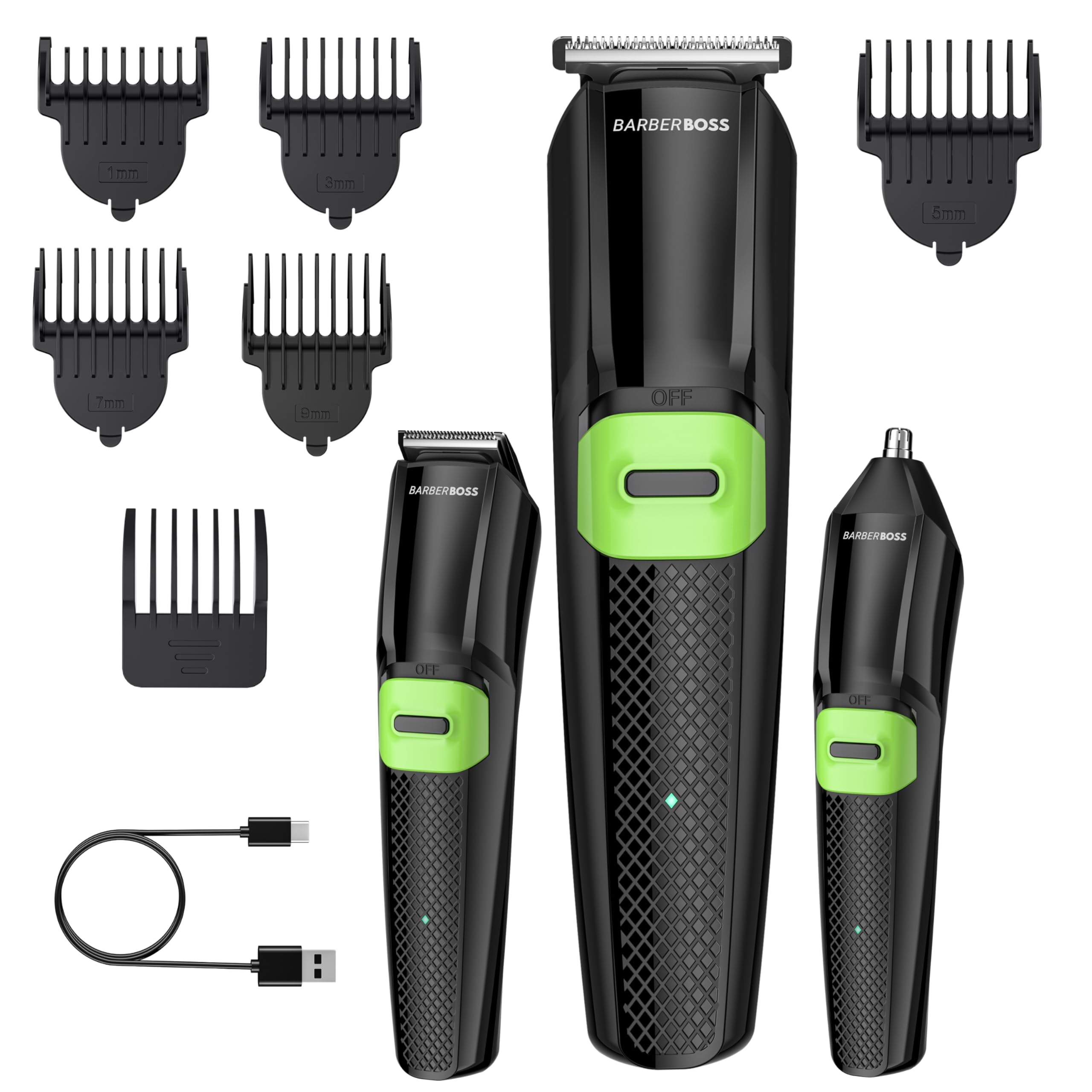 BarberBoss Zestaw do pielęgnacji 3 w 1 dla mężczyzn, trymer do brody, maszynka do strzyżenia włosów i trymer do włosów w nosie, precyzyjne ostrza, 6 grzebieni, ładowanie USB, wskaźnik LED i