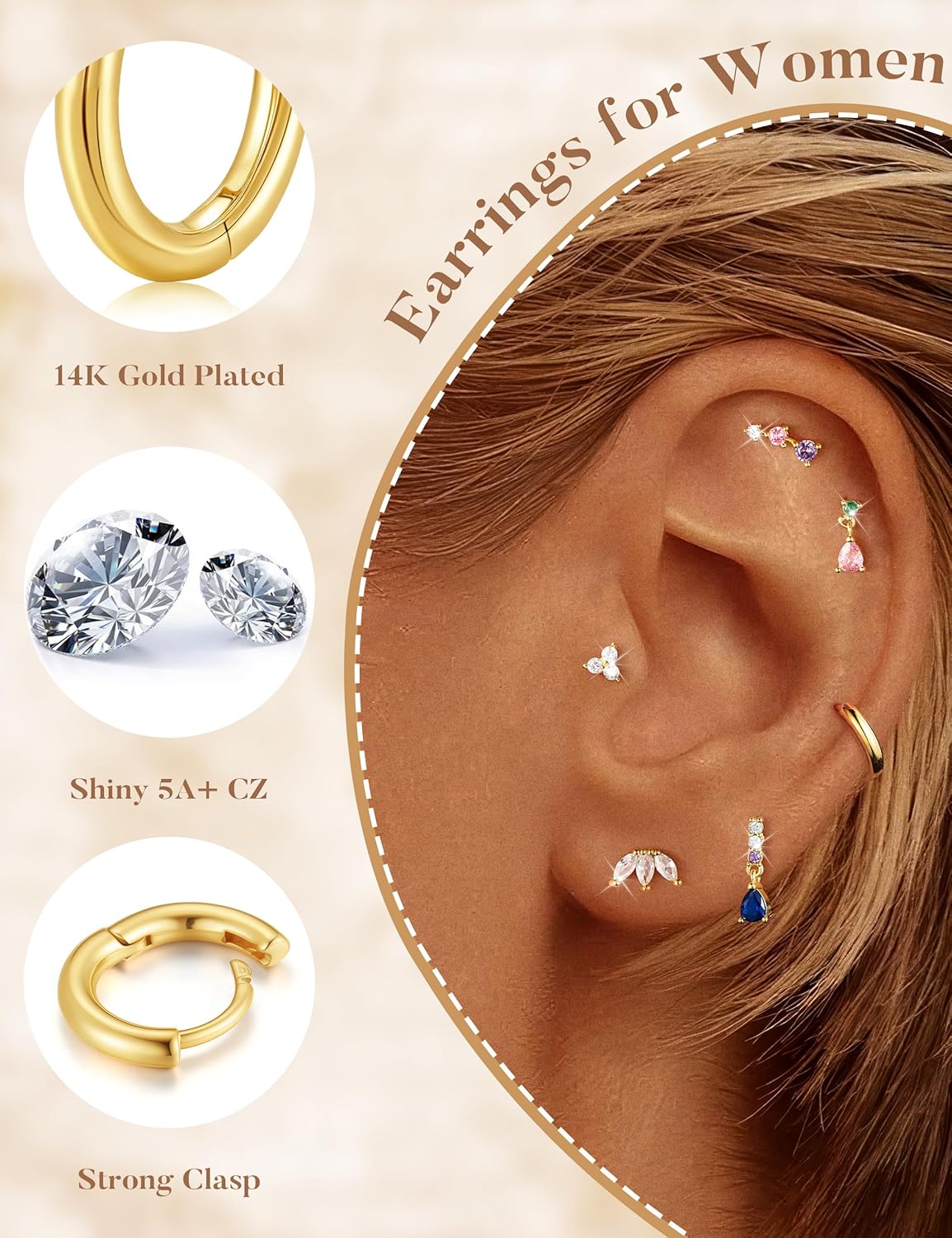 M MOOHAM Hypoallergenic Earring Stacks for Sensitive Ears Women - 6 Pairs Flat Back Studs Hoop Earrings 14K Gold Plated 316L Surgical Steel Earring Sets for Multiple Piercing Jewelry Gifts - Image 4