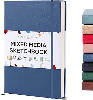 Beechmore Books Heavyweight Mixed Media Sketchbook - A4 8.5x11 300 GSM 48 Perforated Pages, Hardcover Lay-Flat Professional Journal for Painting, Acrylics and Wet Media