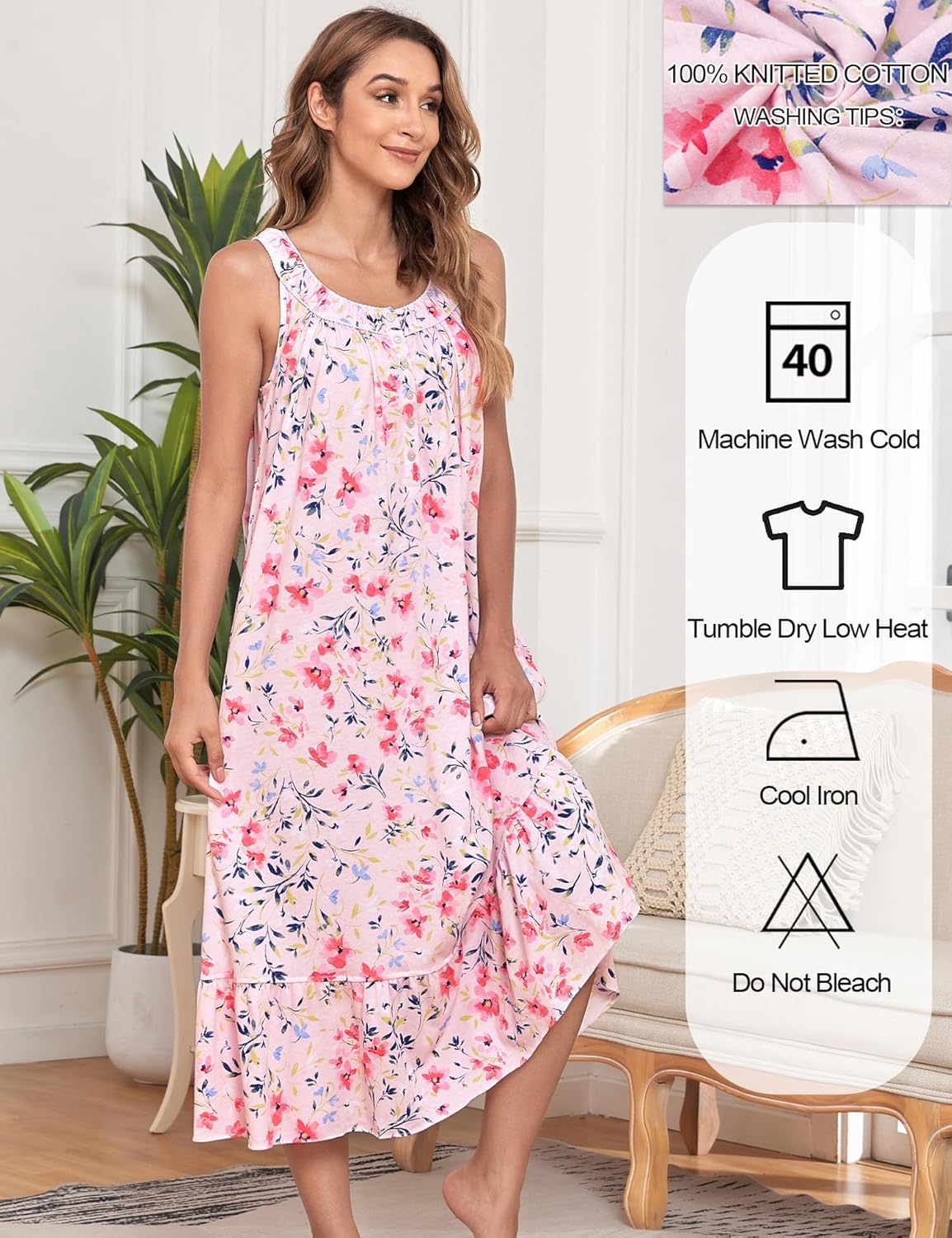 IZZY + TOBY Cotton Nightgowns for Women Sleeveless Kintted Soft Ladies Nightgown Night Gown Long Nighties - Image 5