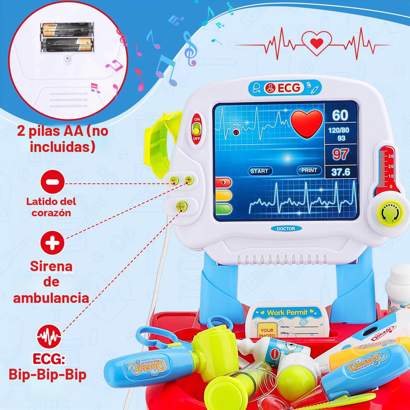 deAO Mi Pequeño Doctor Playset Centro Médico Portatil Maletín a Ruedas Juego de Imitación Incluye 24PCS Accesorios,Juguetes de Medicos con Luces y Sonido