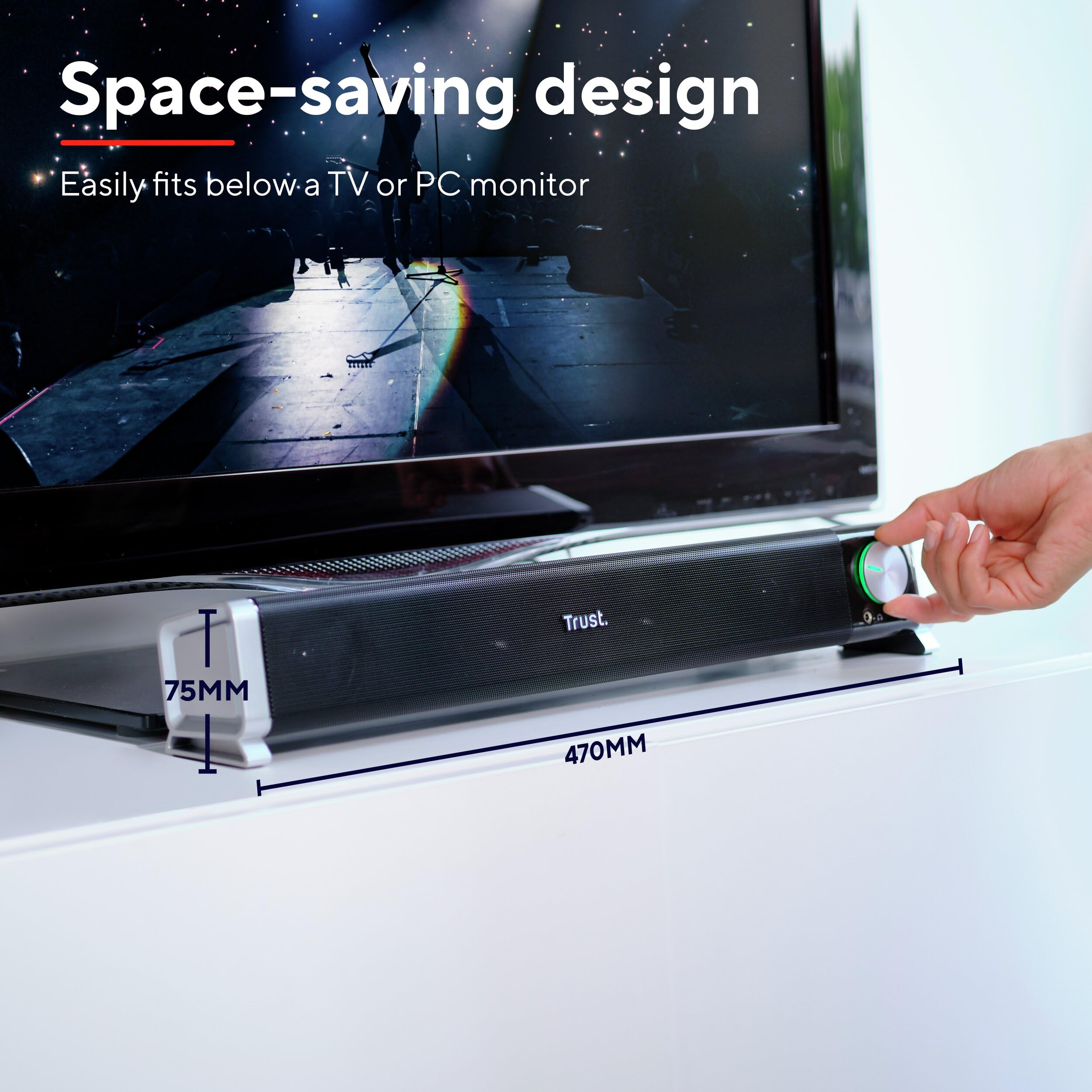 Trust Asto Soundbar 12 W Spitzenleistung (6 W RMS), PC Lautsprecher, USB Betrieb, 3,5 mm AUX Anschluss, Stereo Soundsystem, Computer Boxen für PC, Laptop, Monitor, TV, Musik, Audio - Schwarz