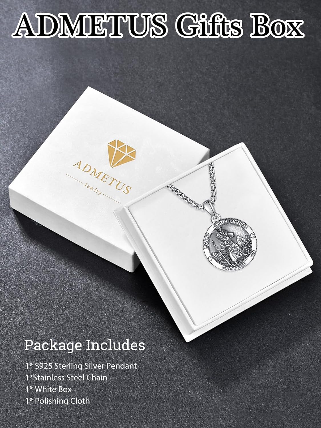 ADMETUS 925 Sterling Silver Patron Saint Medals Amulet Necklace Protection Jewelry for Men with 2.5mm 22"+2" Round Box Chain