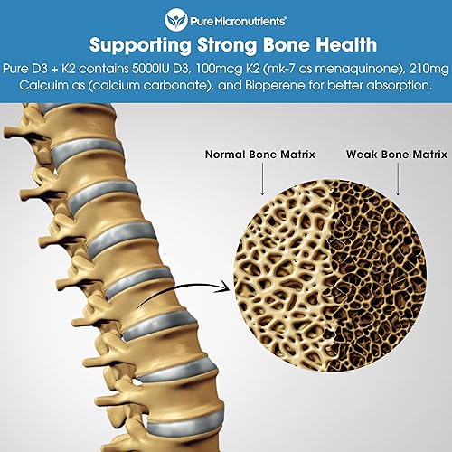 Miniatura 6 de Pure Micronutrients Suplemento de vitamina D3 K2  MK7 100mcg, D3 5000 iu, calcio + bioperina  Salud muscular y ósea, corazón, inmunidad y apoyo