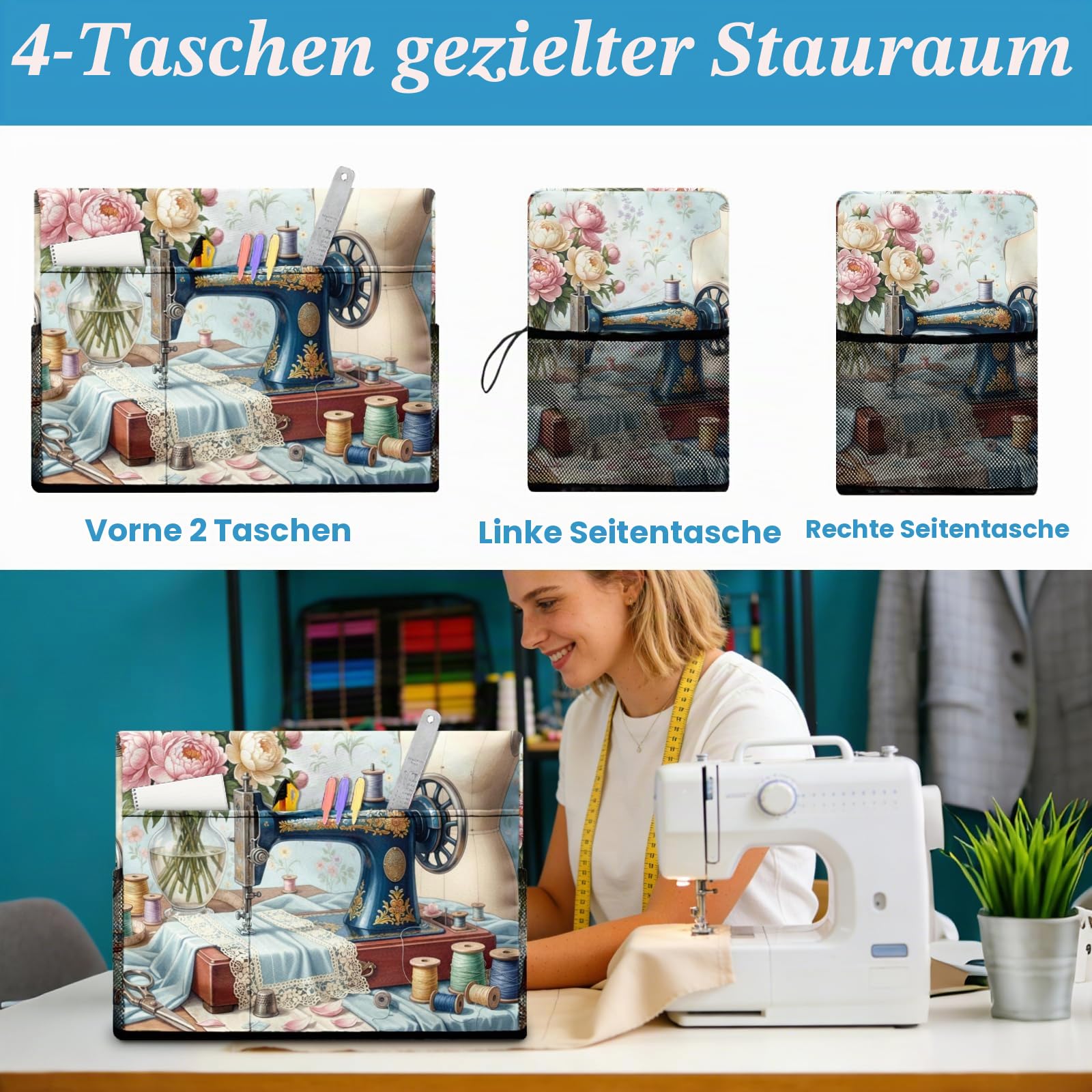 Peacoblue Nähmaschinenabdeckung mit Aufbewahrungstaschen Desktop Design Staubschutz für Standard Nähmaschinen Schützende und dekorative Nähmaschinenhülle mit Tragegriff