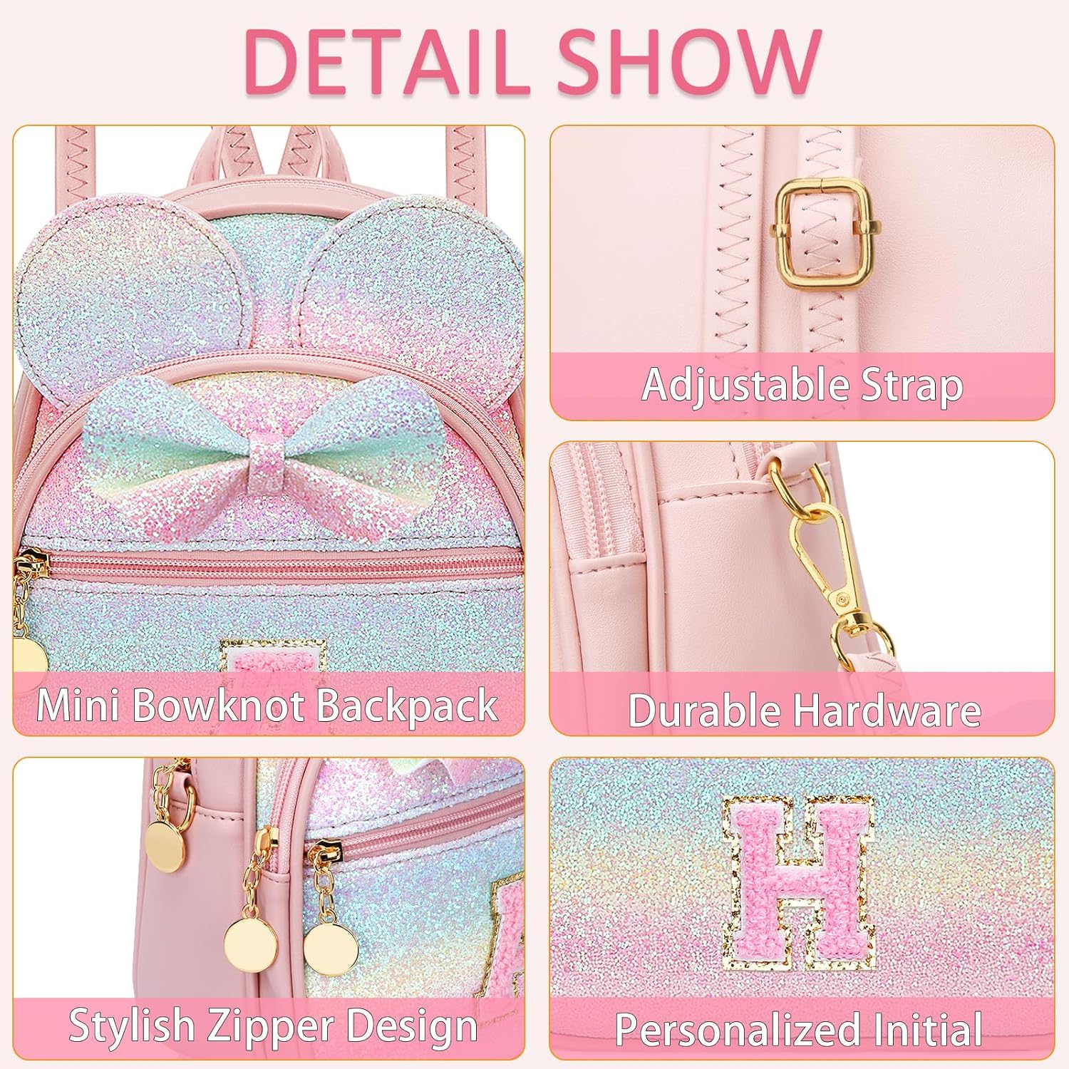 KKXIU Initial Bowknot Mini Backpacks for Girls Women, Small Cute Backpack Purse, Personalized Birthday Gifts for Toddler, Kids and Teen Girls(H, Rainbow)