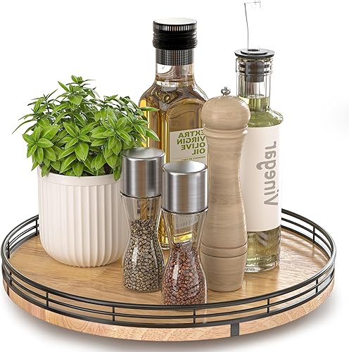 Miniatura 31 de Tabla giratoria redonda de roble de 9 pulgadas para organización en gabinetes, estilo rústico, para almacenamiento en mesa del comedor, despensa,