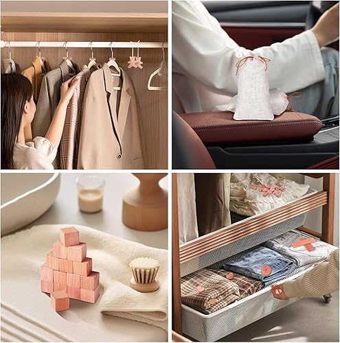 Miniatura 7 de Langxinese Paquete de 32 perchas de cedro (12) + corazones de cedro (20), colgantes de cedro, bloques de cedro para almacenamiento de ropa, cedro