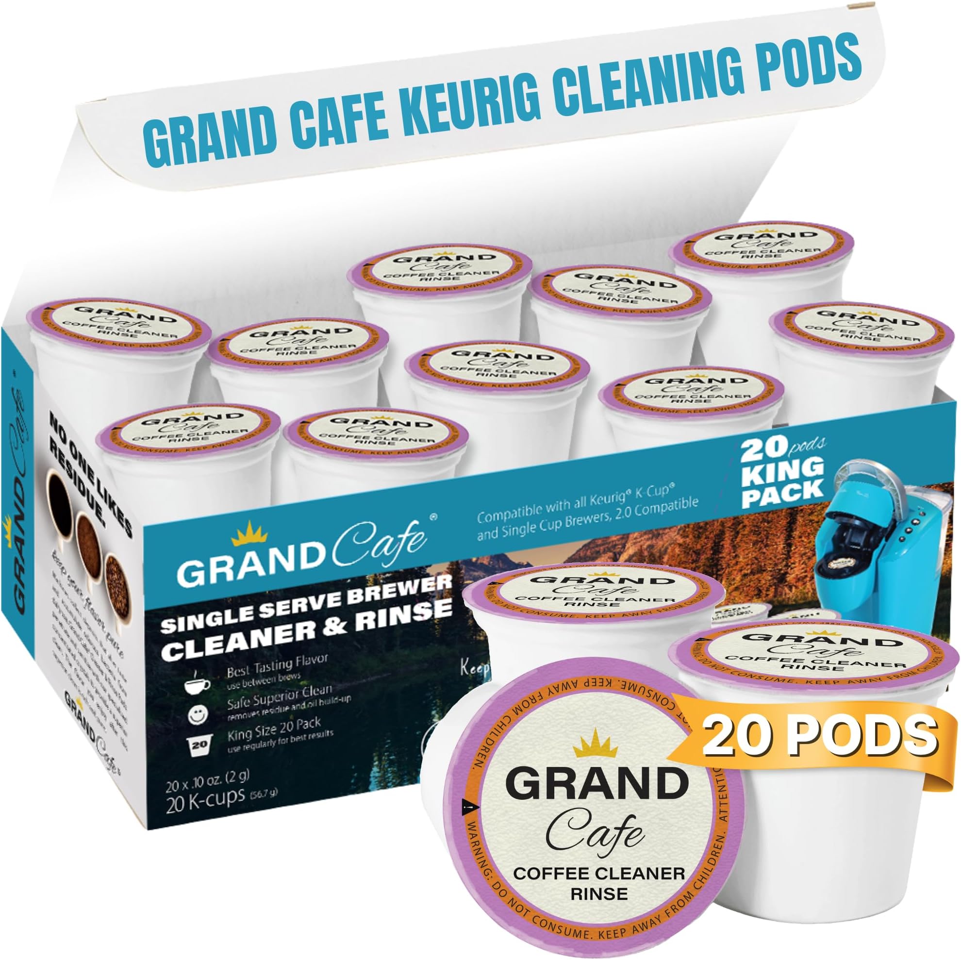 - Grand Cafe Keurig Cleaning Pods (20 Pack) - K Cup Cleaner & Rinse Pods for Keurig, Descaler for Coffee Machines, Coffee Maker Descaling Kit, 1.0 & 2.0 Compatible
