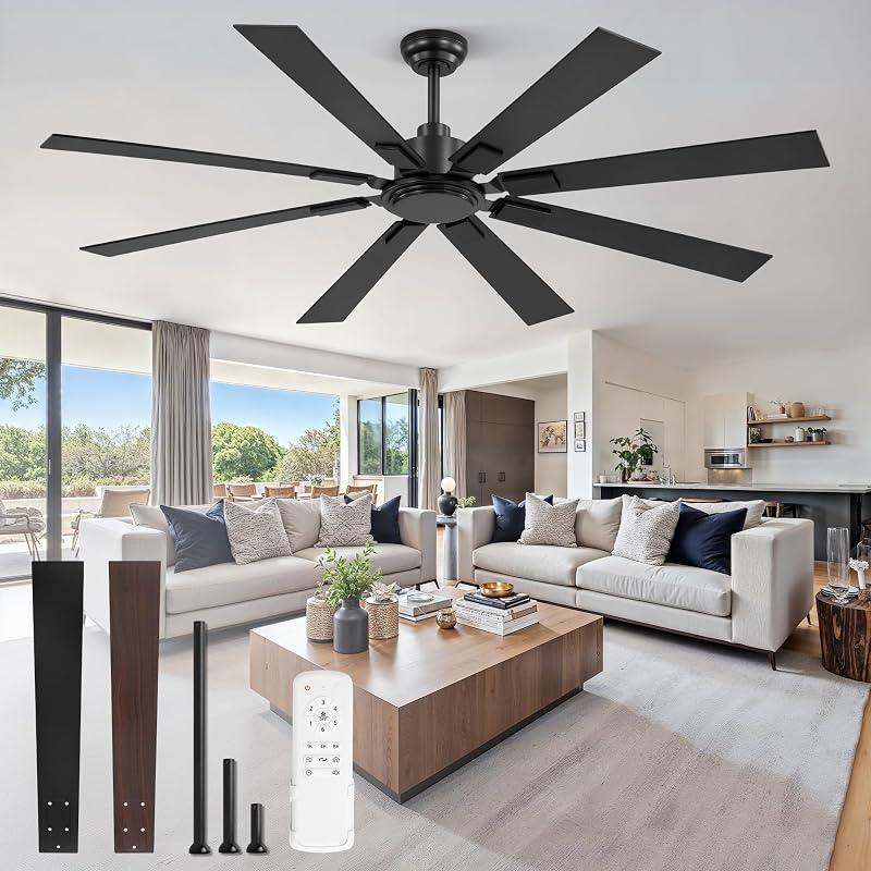 65 Inch Ceiling Fan no Light with Remote, 6-Speed | High 6116 CFM, Quiet Reversible DC Motor, Ceiling Fan without Light, Black, Indoor/Outdoor, for Patios, Living Room, Garage