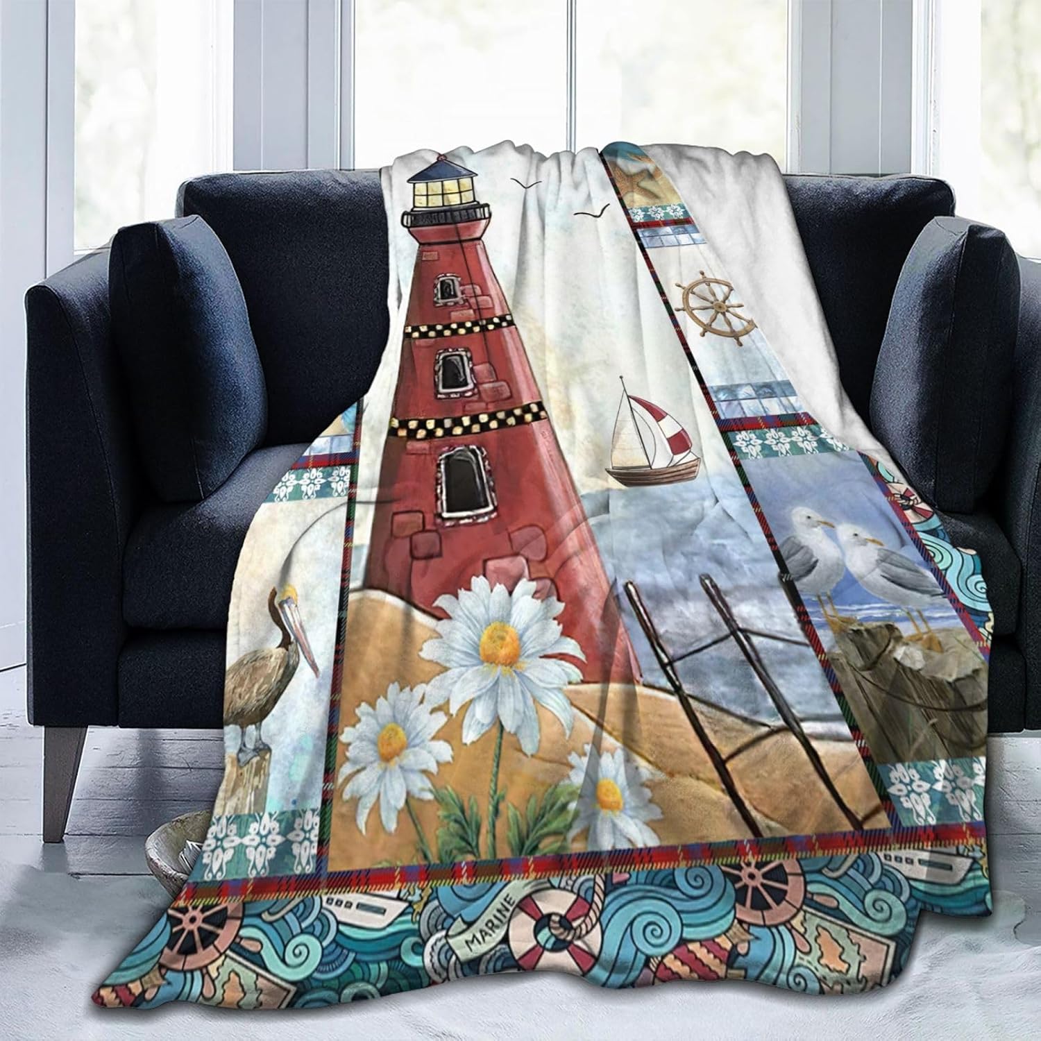 Lighthouse Blanket Nautical Lighthouse Anchor Decor Throw Blanket Gifts for Girls Boys Super Warm Soft Plush Lightweight Fleece Flannel Blanket Winter Bedding Blanket for Kids Adults Men Women 50"X40" - Image 3
