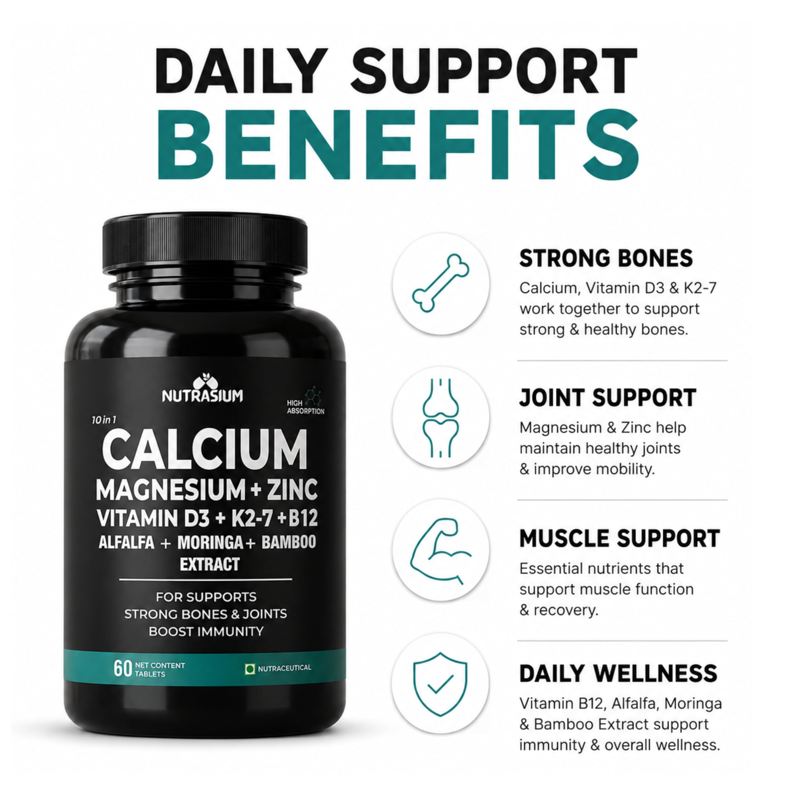 Nutrasium Calcium Magnesium Zinc Tablets with Vitamin D3, Vitamin K2-7 & Vitamin B12 | Alfalfa, Moringa & Bamboo Extract | High Absorption Daily Mineral & Vitamin Supplement | 120 Tablets 3