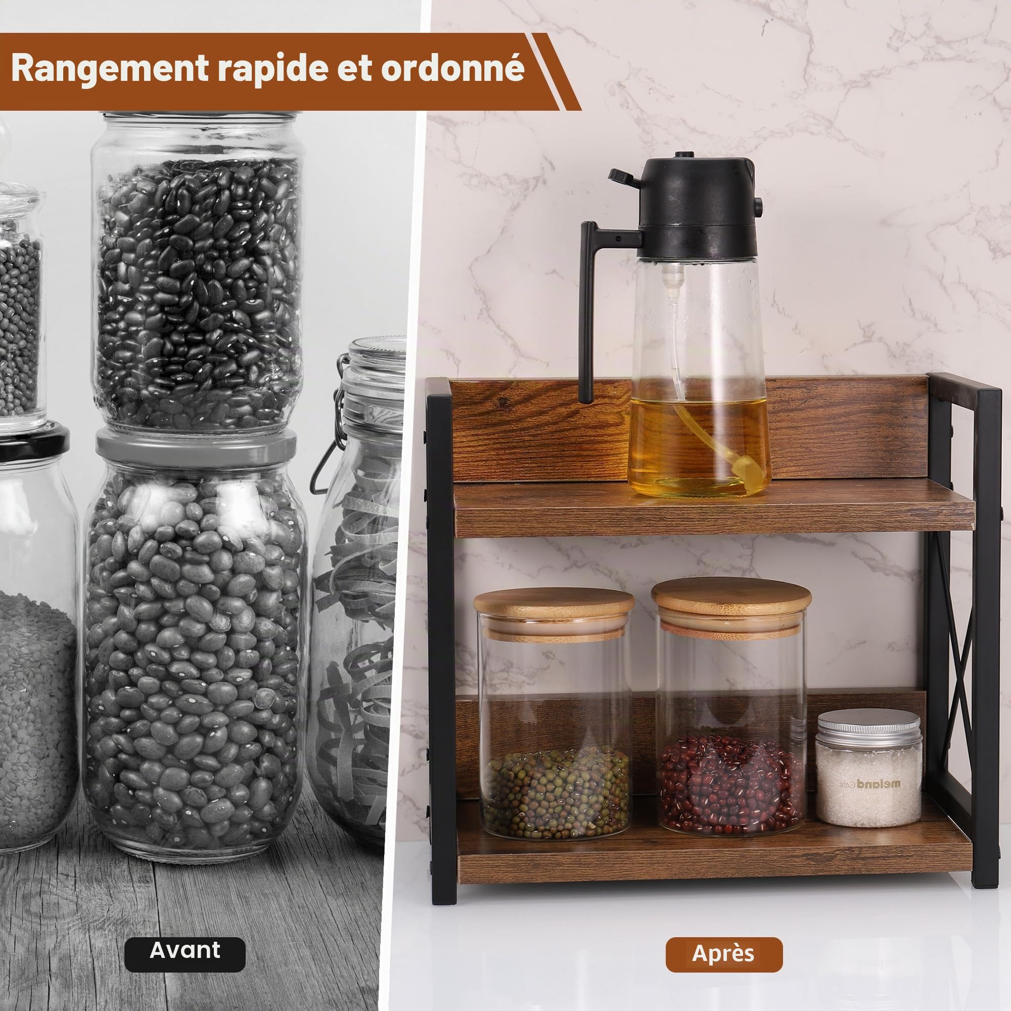 2 Étages Étagère à Épices, Étagère de Rangement de Cuisine, Organisateur de Bureau Multifonctionnel pour Salon, Salle à Manger, Bureau, Support à Épices Empilable pour Pots de Épices ou Canettes