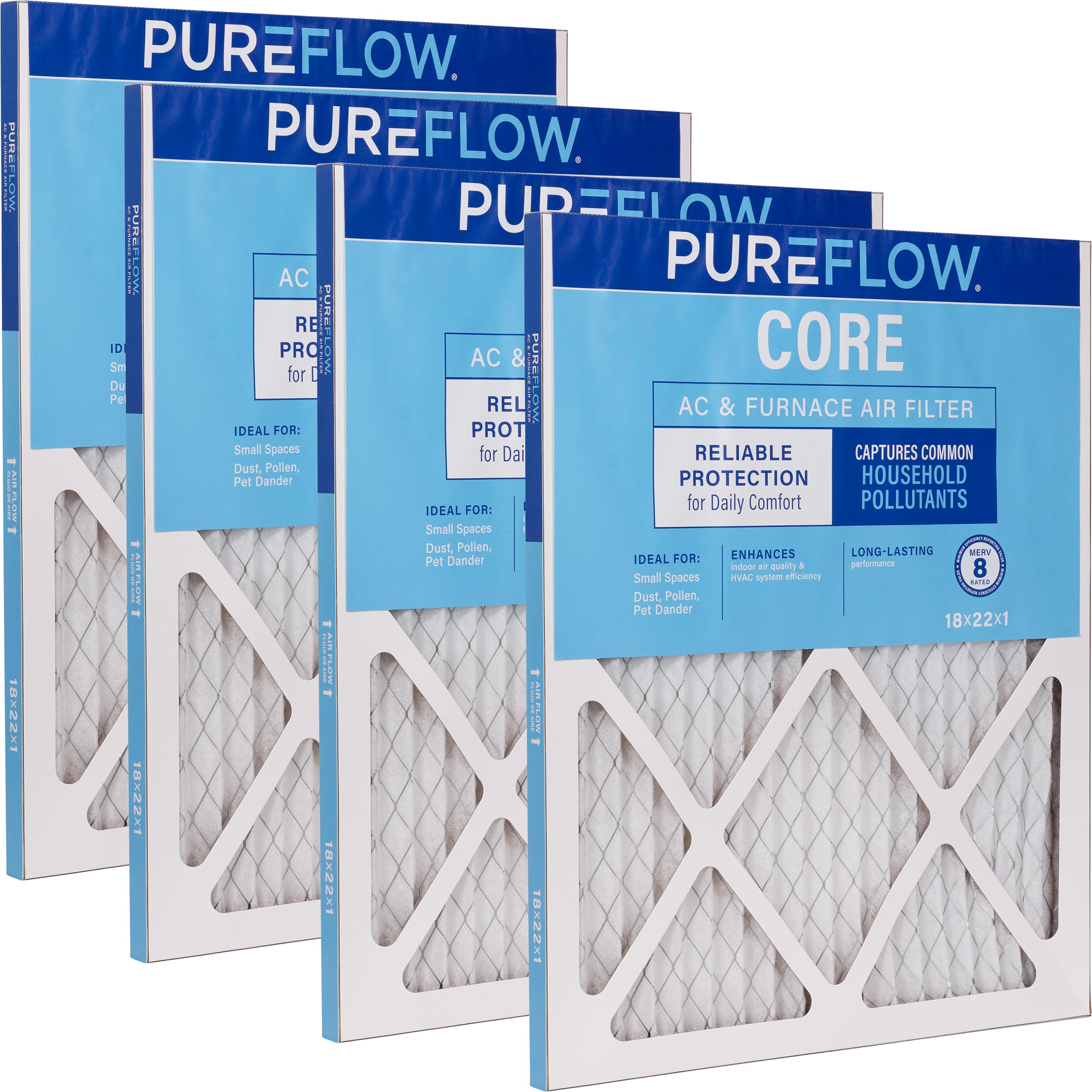 PUREFLOW Home Air Filter MERV 8, 18x22x1 Furnace Filter, 4 Layer High Efficiency Filtration for Dust, Smoke, Fumes, Pollutants (4-Pack)