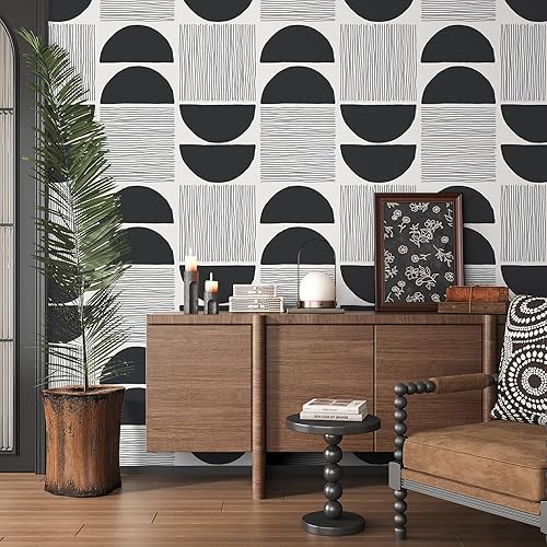 Miniatura 3 de VEELIKE Papel tapiz moderno de mediados de siglo en blanco y negro, papel tapiz geométrico abstracto para dormitorio, baño, 17.7 x 118 pulgadas,