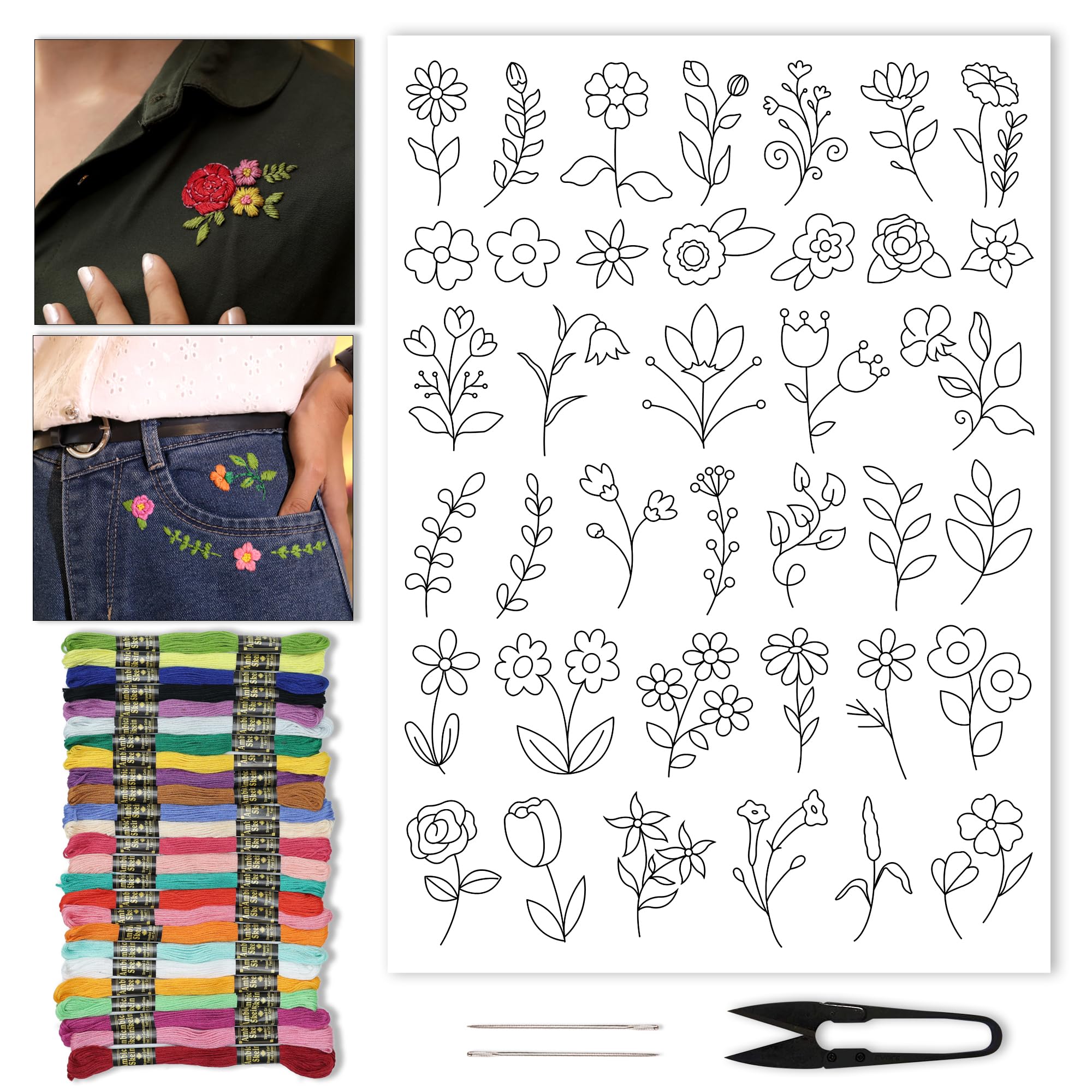 EmbroideryMaterial Hand Embroidery Patches Kit - 38 Floral Designs with Water Soluble Transfer Paper, 25 Threads, Needles & Cutter - Complete Stick and Stitch Embroidery Set for Clothing & Crafts-image-44