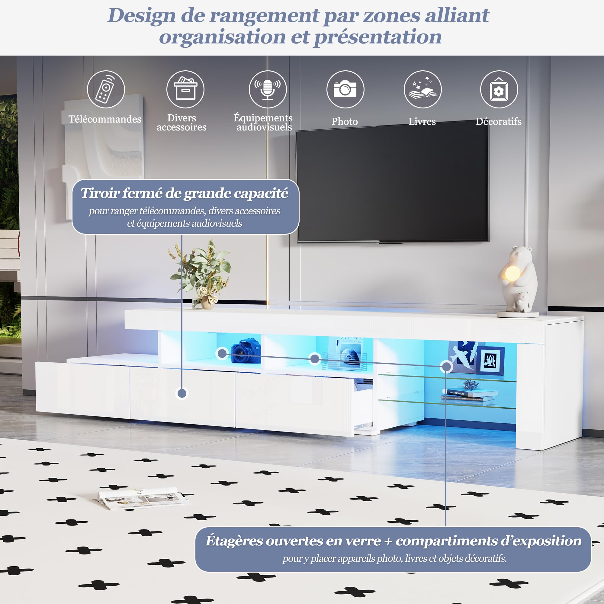 Meuble TV LED 180 cm, Meuble Tele avec Rangement, Meuble TV LED Haute Brillance, pour TV jusqu'à 75 Pouces, Blanc, 180 x 35 x 45 cm