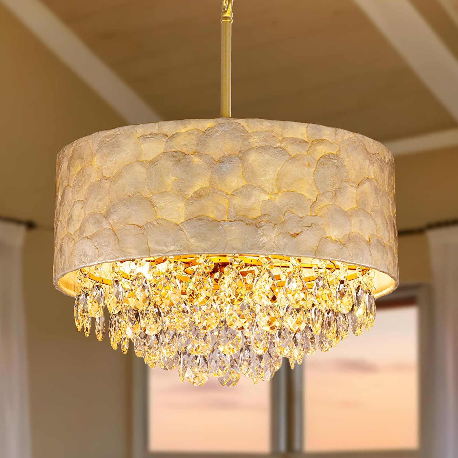 TOCHIC Capiz Shell Chandelier,4-Lights Modern Crystal Gold Chandeliers for Dining Room, Coastal Natural Beach Pendant Light for Bedroom, Drum Kitchen Lighting Fixture for Living Room, Dressing Room